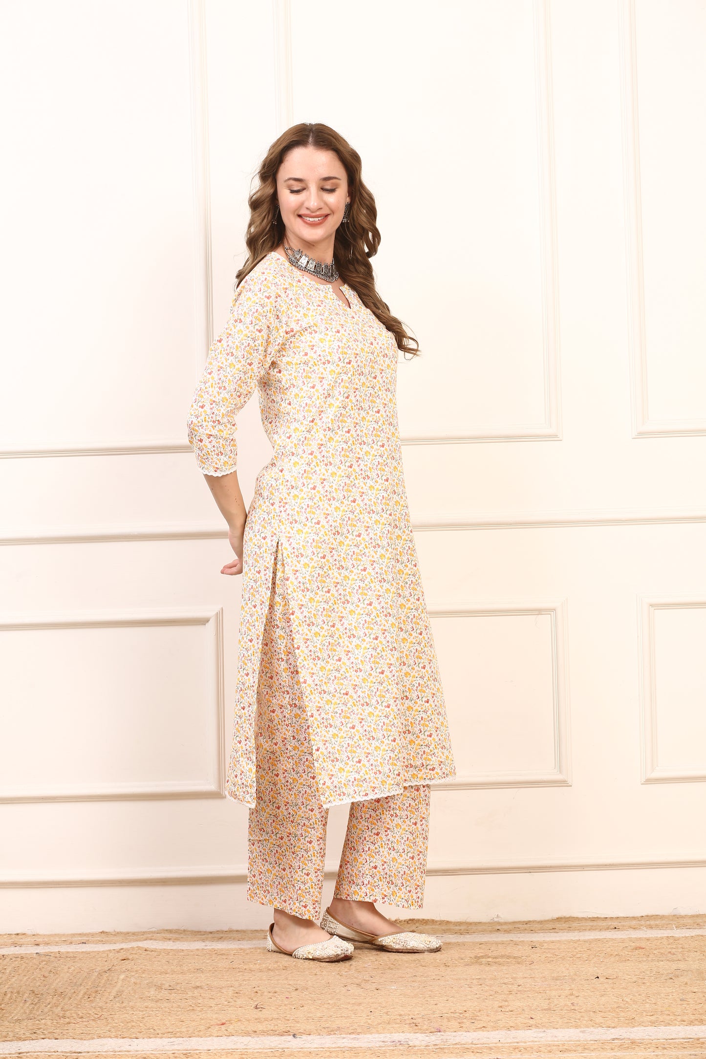 Floral Cotton Straight Kurta Set - Elegant Casual Suit with Solid Dupatta
