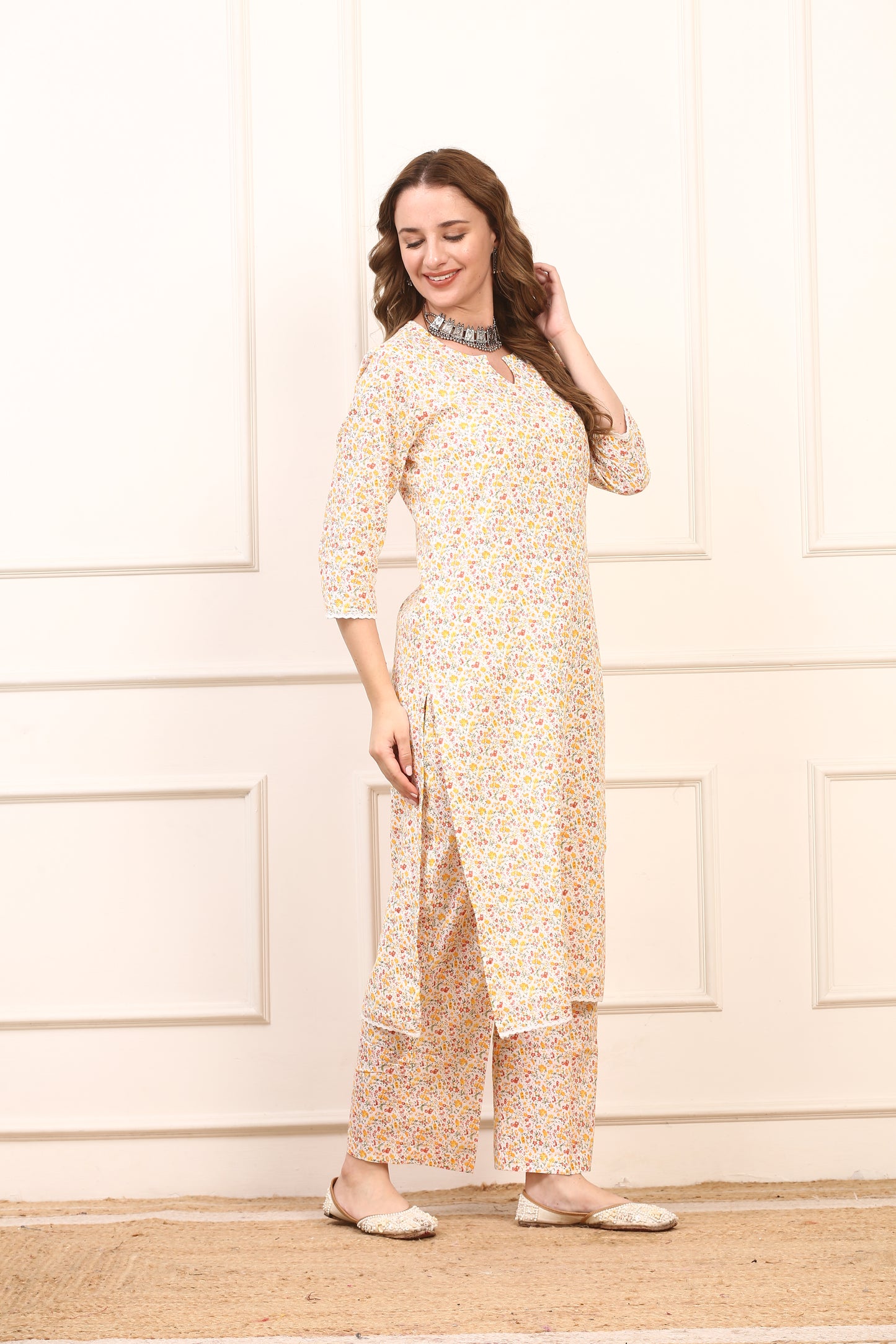 Floral Cotton Straight Kurta Set - Elegant Casual Suit with Solid Dupatta