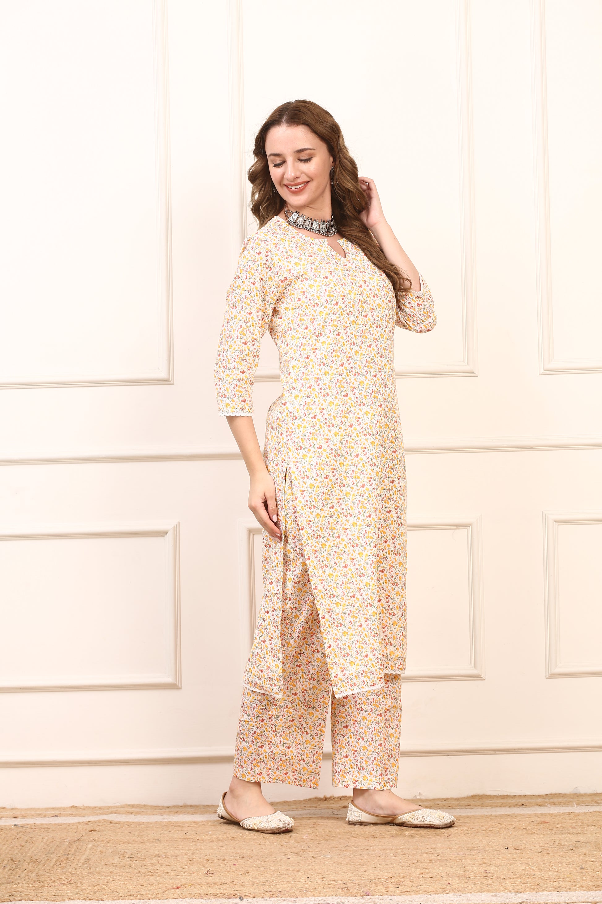 Floral Cotton Straight Kurta Set with Solid Dupatta