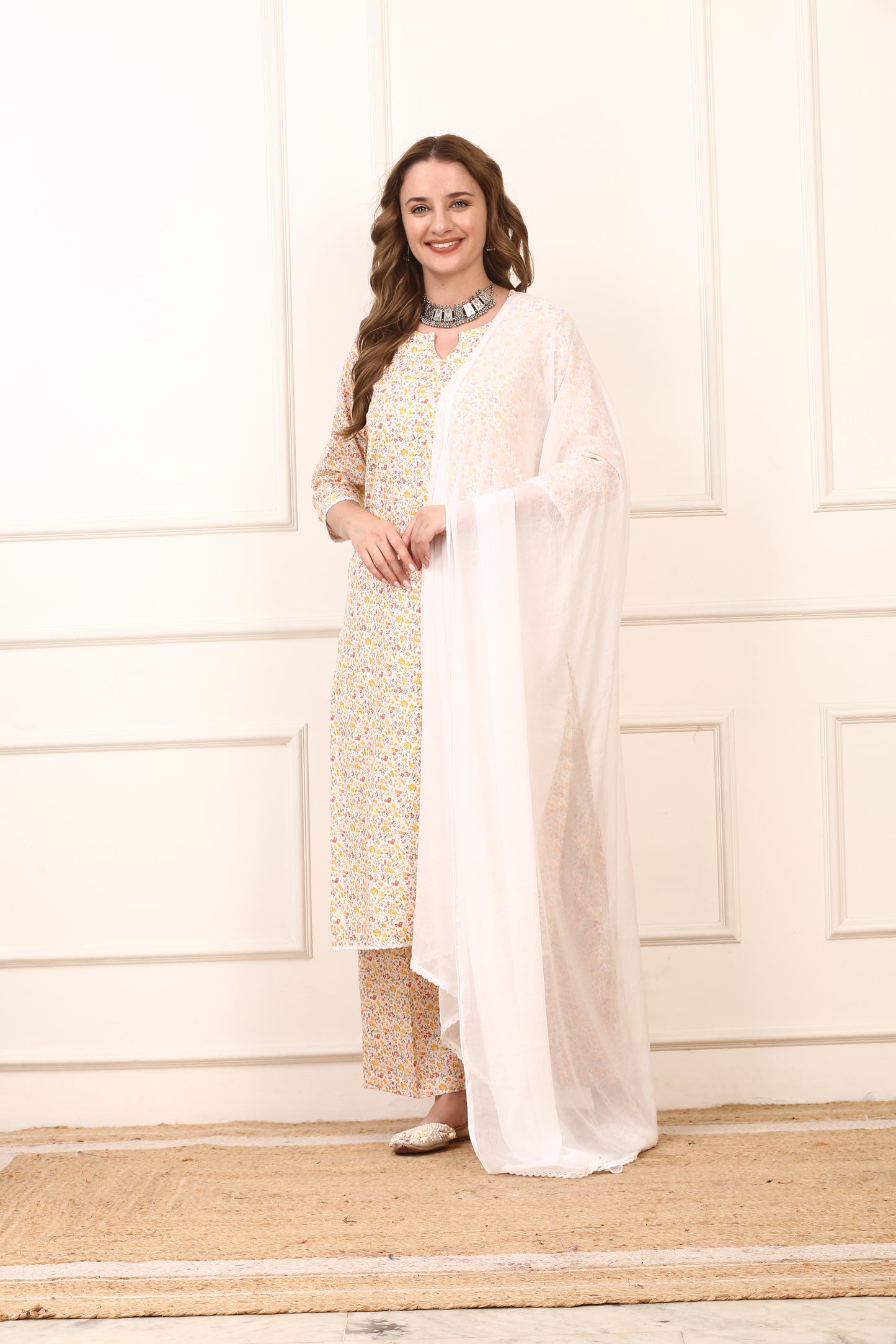 Floral Cotton Straight Kurta Set - Elegant Casual Suit with Solid Dupatta