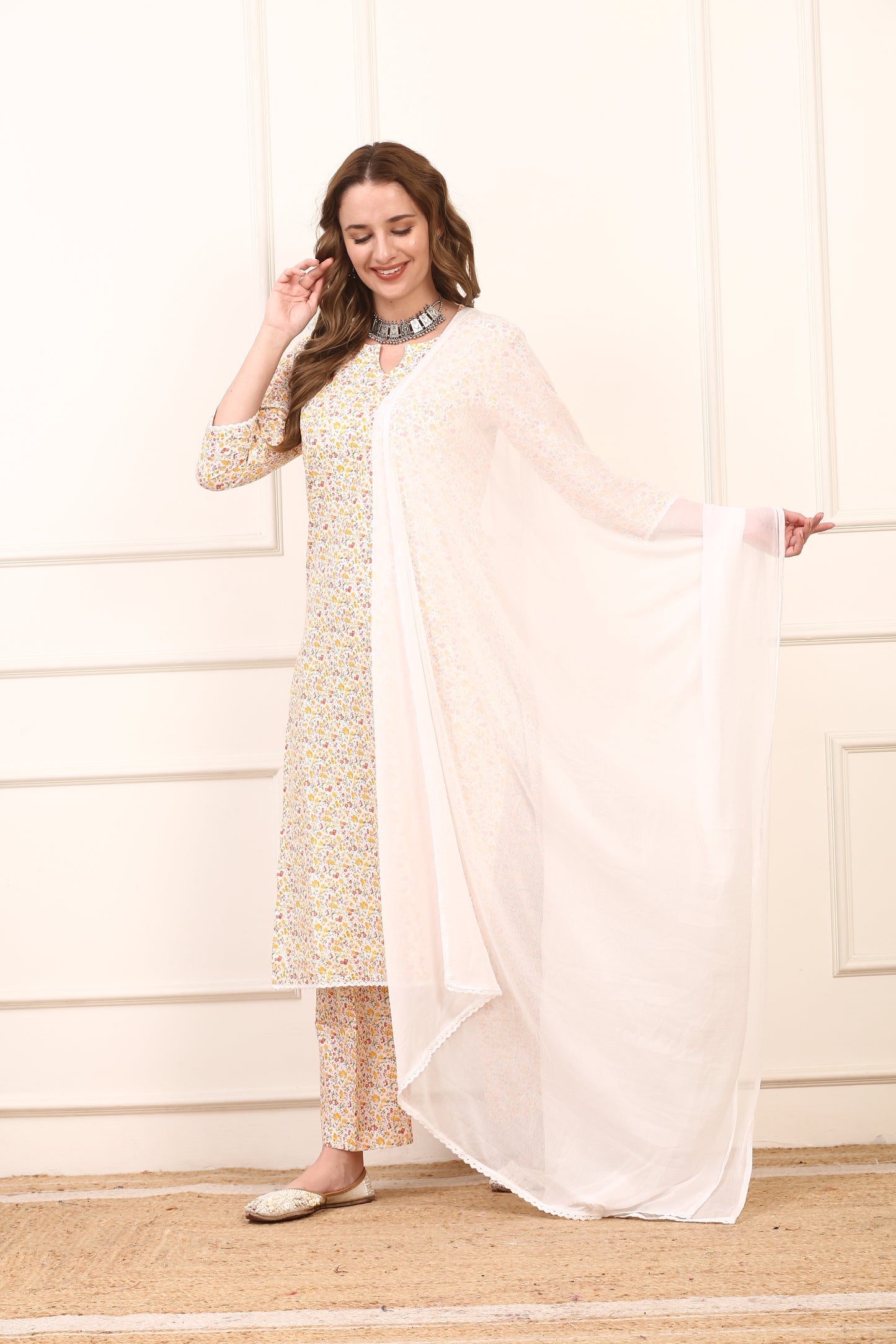 Floral Cotton Straight Kurta Set - Elegant Casual Suit with Solid Dupatta