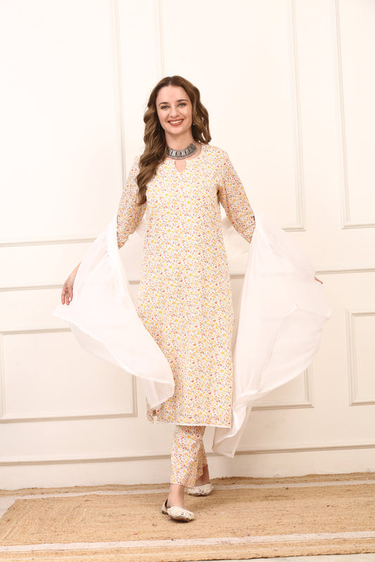 Floral Cotton Straight Kurta Set - Elegant Casual Suit with Solid Dupatta