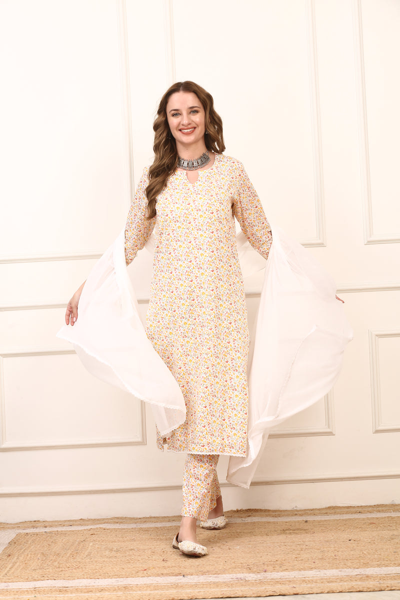 Floral Cotton Straight Kurta Set with Solid Dupatta