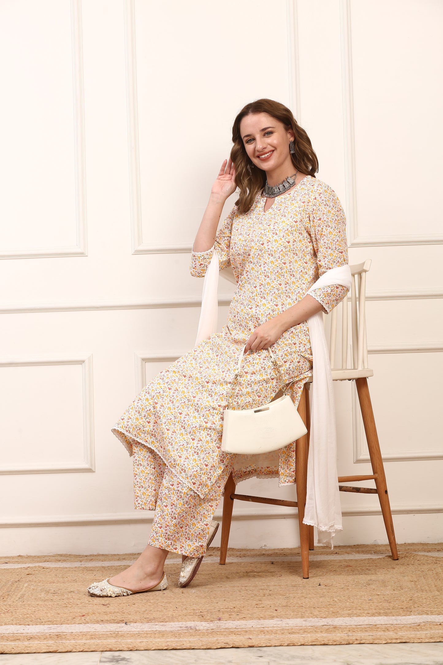 Floral Cotton Straight Kurta Set - Elegant Casual Suit with Solid Dupatta