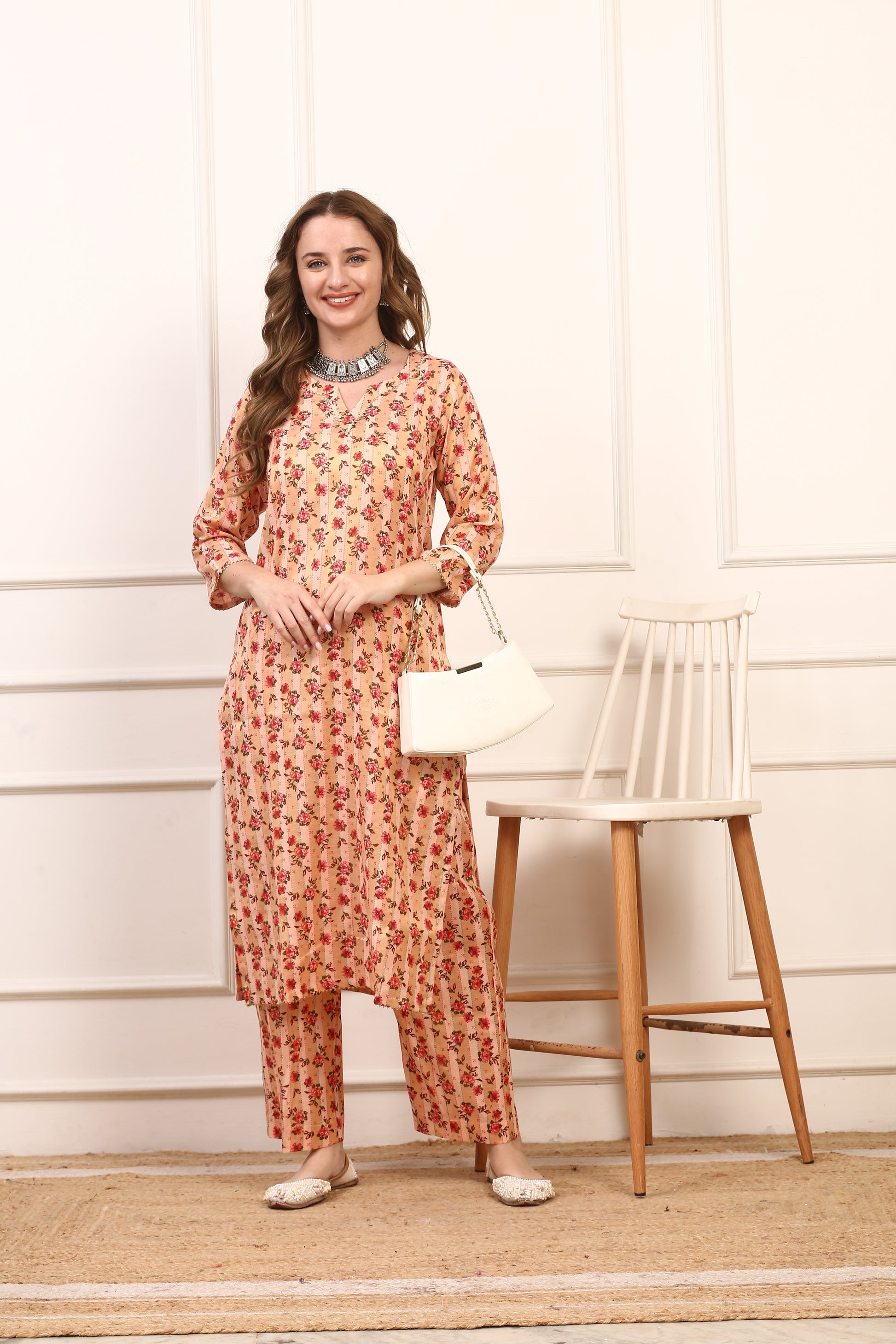 Peach Floral Printed Cotton Straight Kurta Set