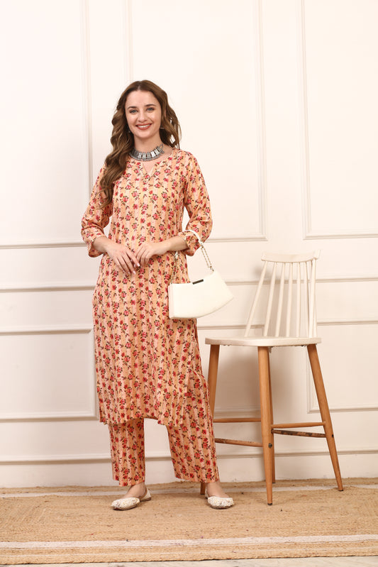 Peach Floral Printed Cotton Straight Kurta Set - Comfortable Casual Suit with Pants