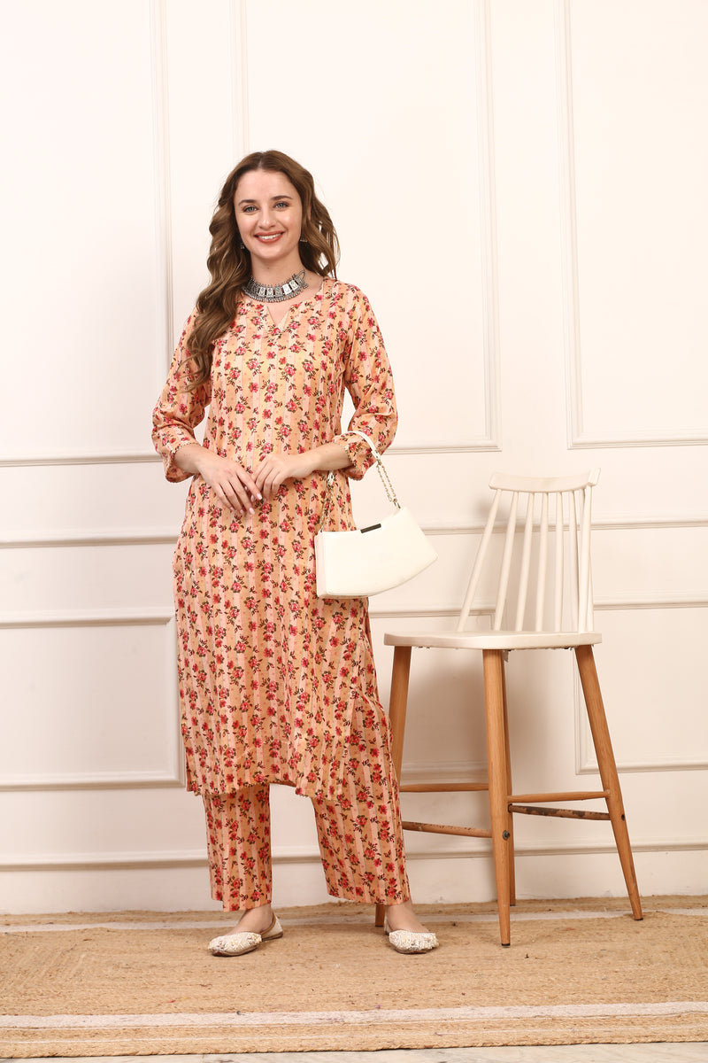 Peach Floral Printed Cotton Straight Kurta Set