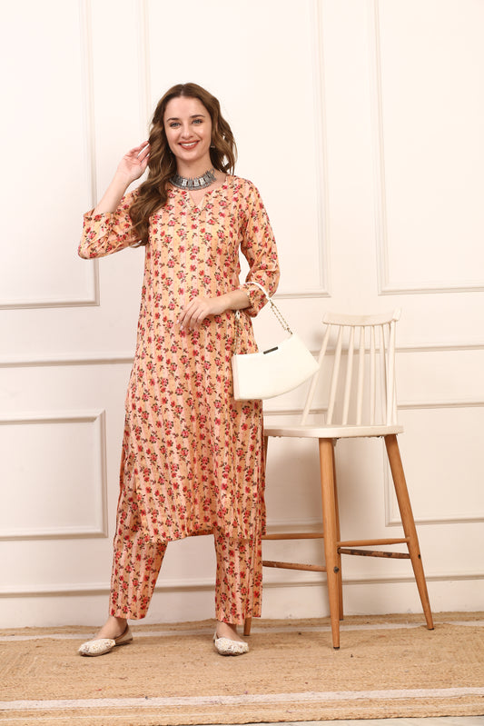 Peach Floral Printed Cotton Straight Kurta Set - Comfortable Casual Suit with Pants