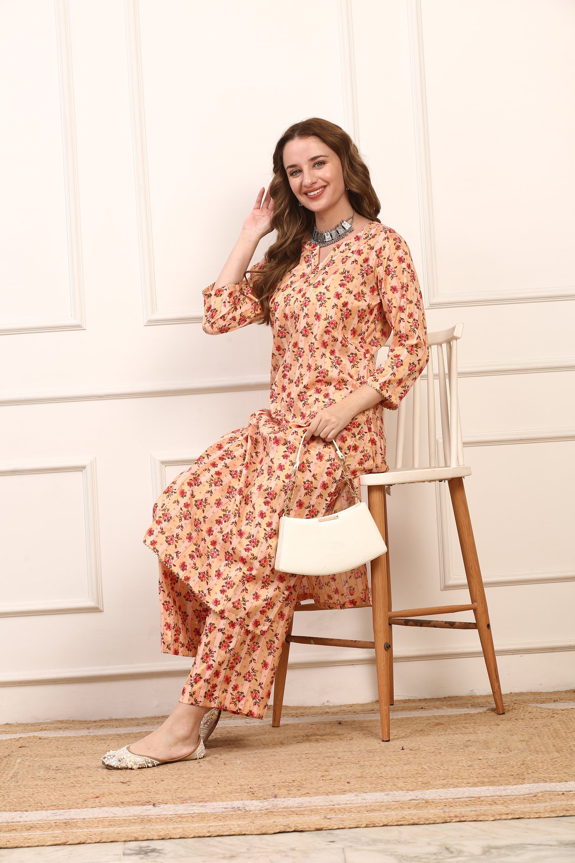 Peach Floral Printed Cotton Straight Kurta Set