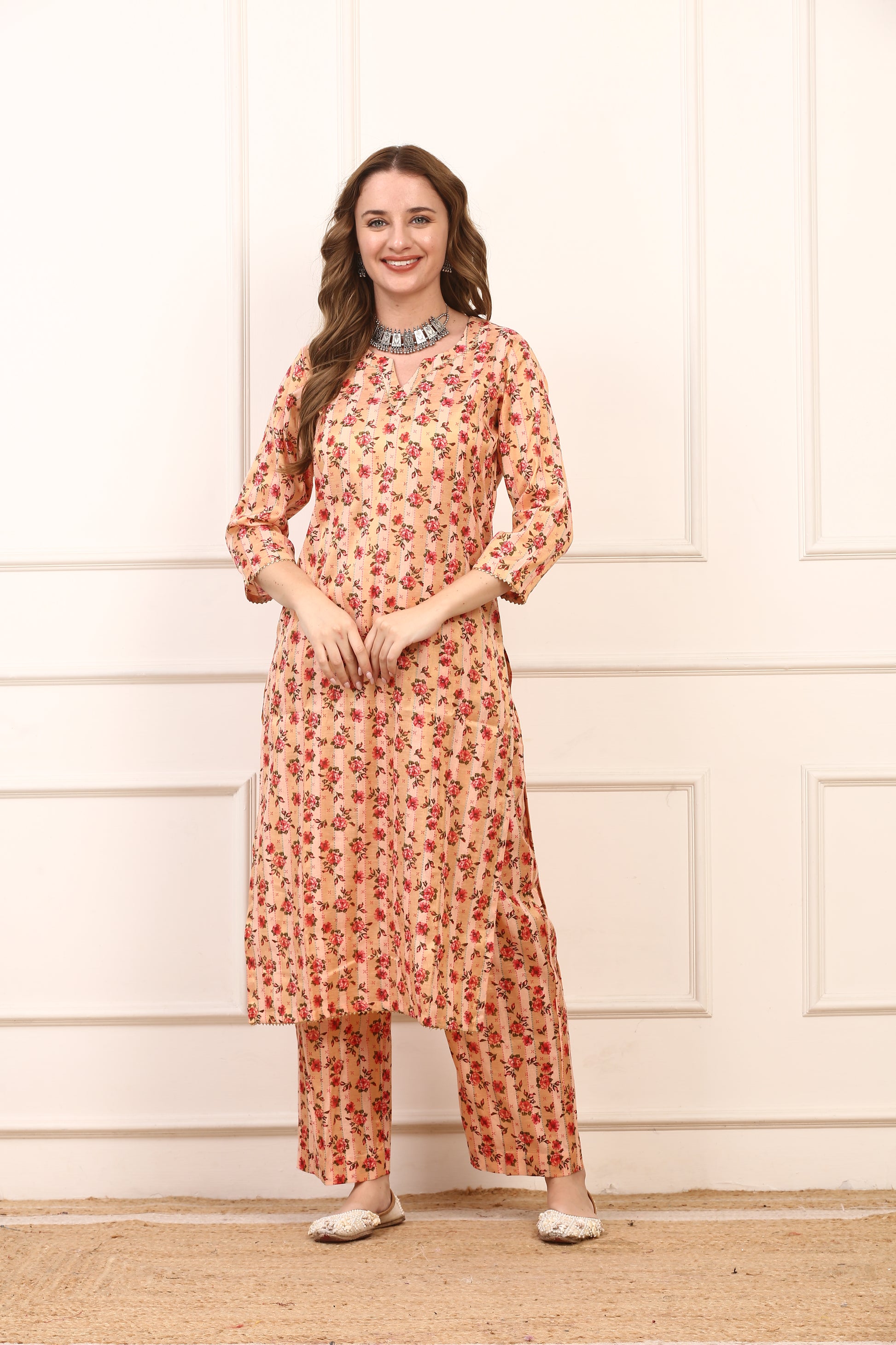 Peach Floral Printed Cotton Straight Kurta Set