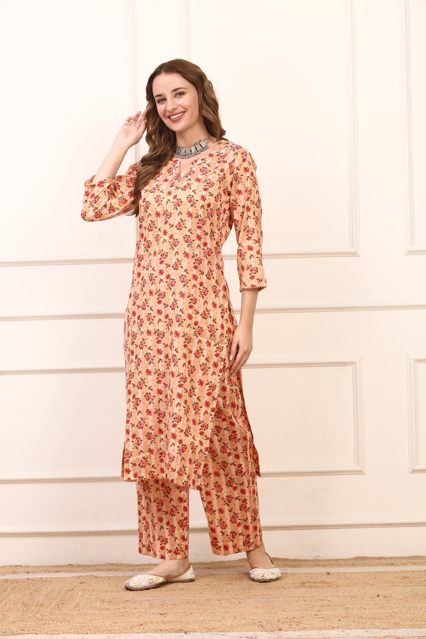 Peach Floral Printed Cotton Straight Kurta Set - Comfortable Casual Suit with Pants