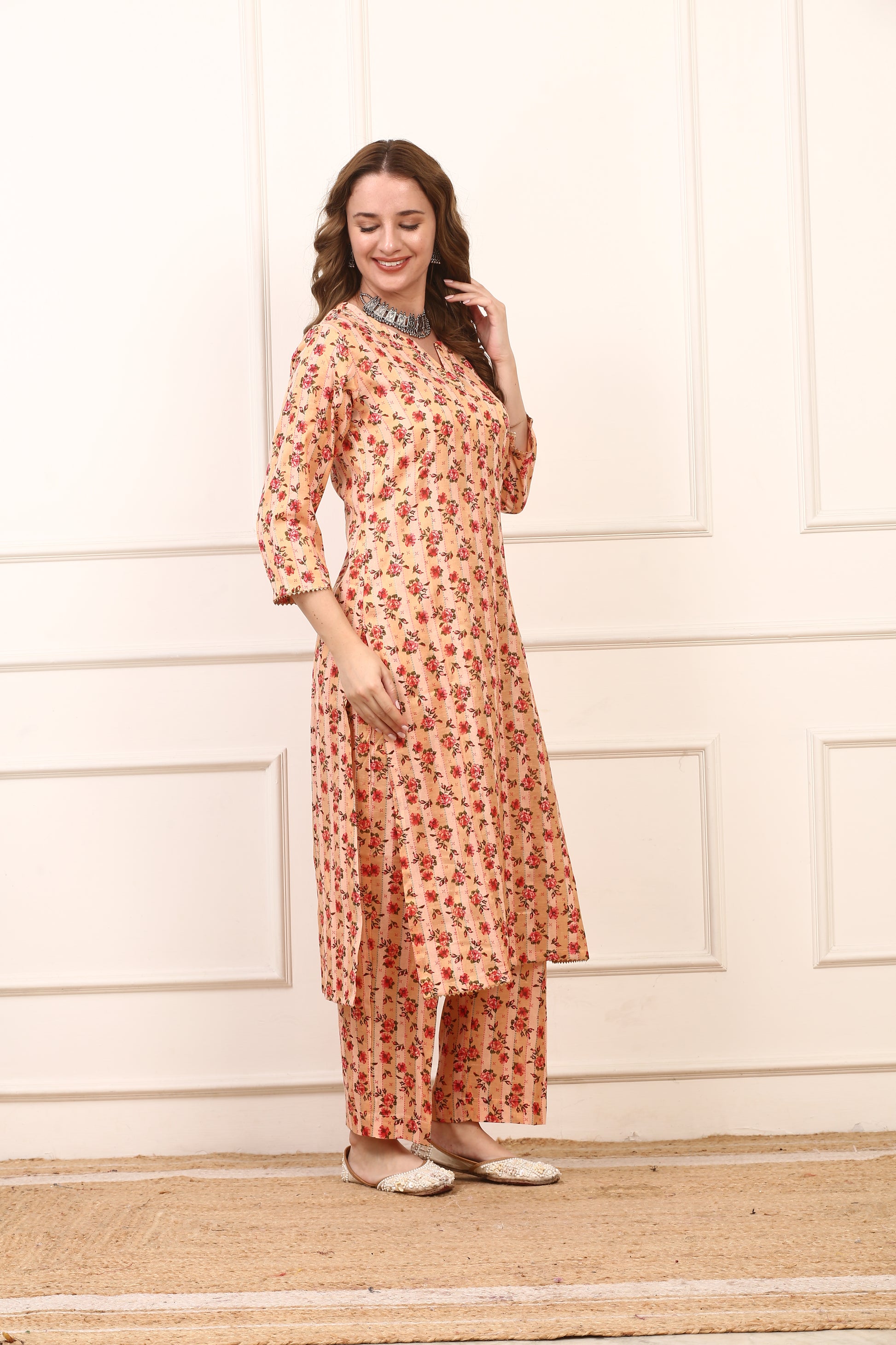 Peach Floral Printed Cotton Straight Kurta Set
