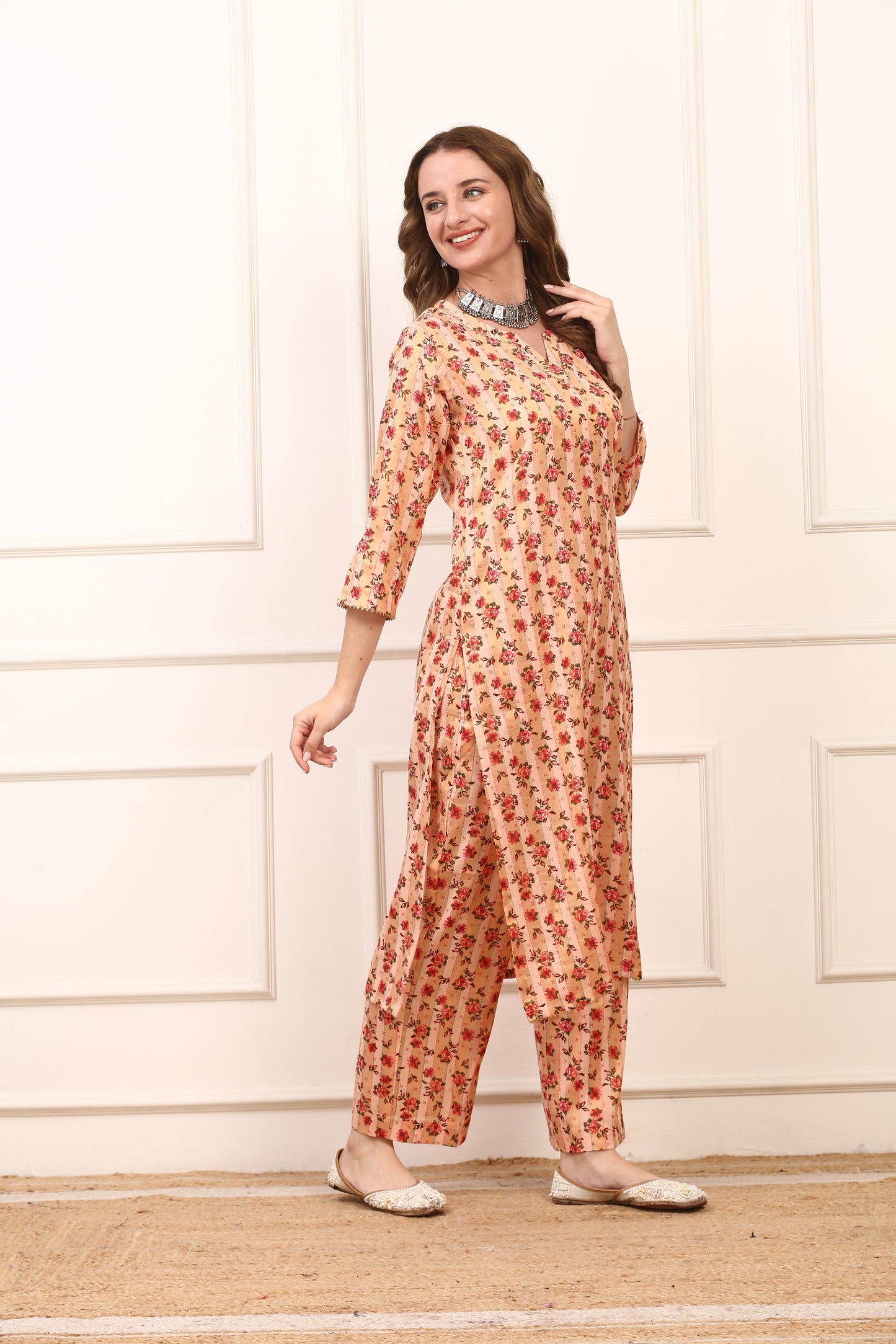 Peach Floral Printed Cotton Straight Kurta Set - Comfortable Casual Suit with Pants