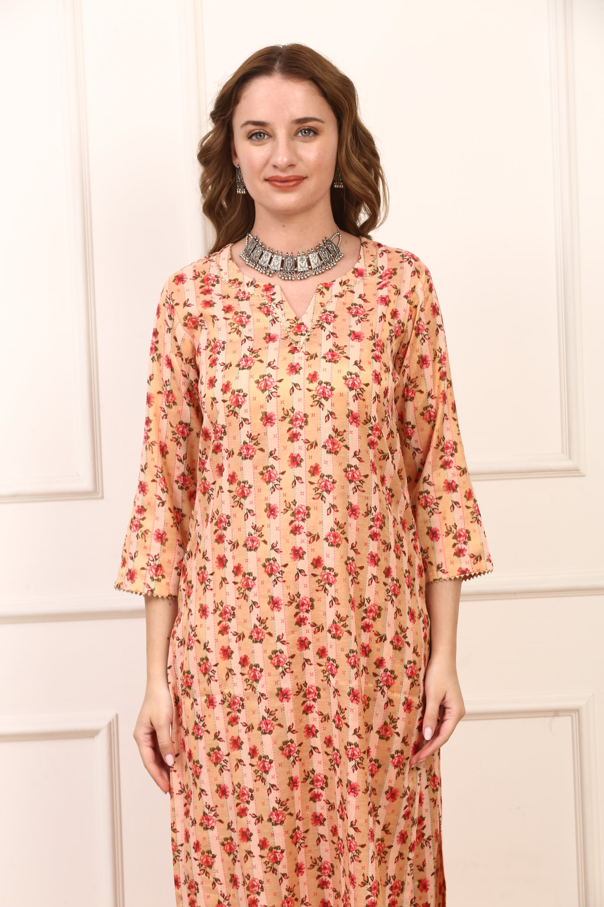 Peach Floral Printed Cotton Straight Kurta Set
