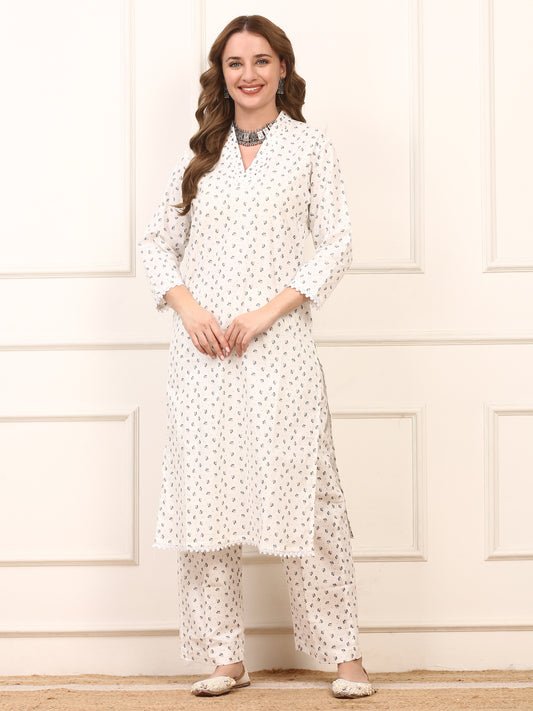 White Floral Cotton Kurta Set for Women with Matching Pants