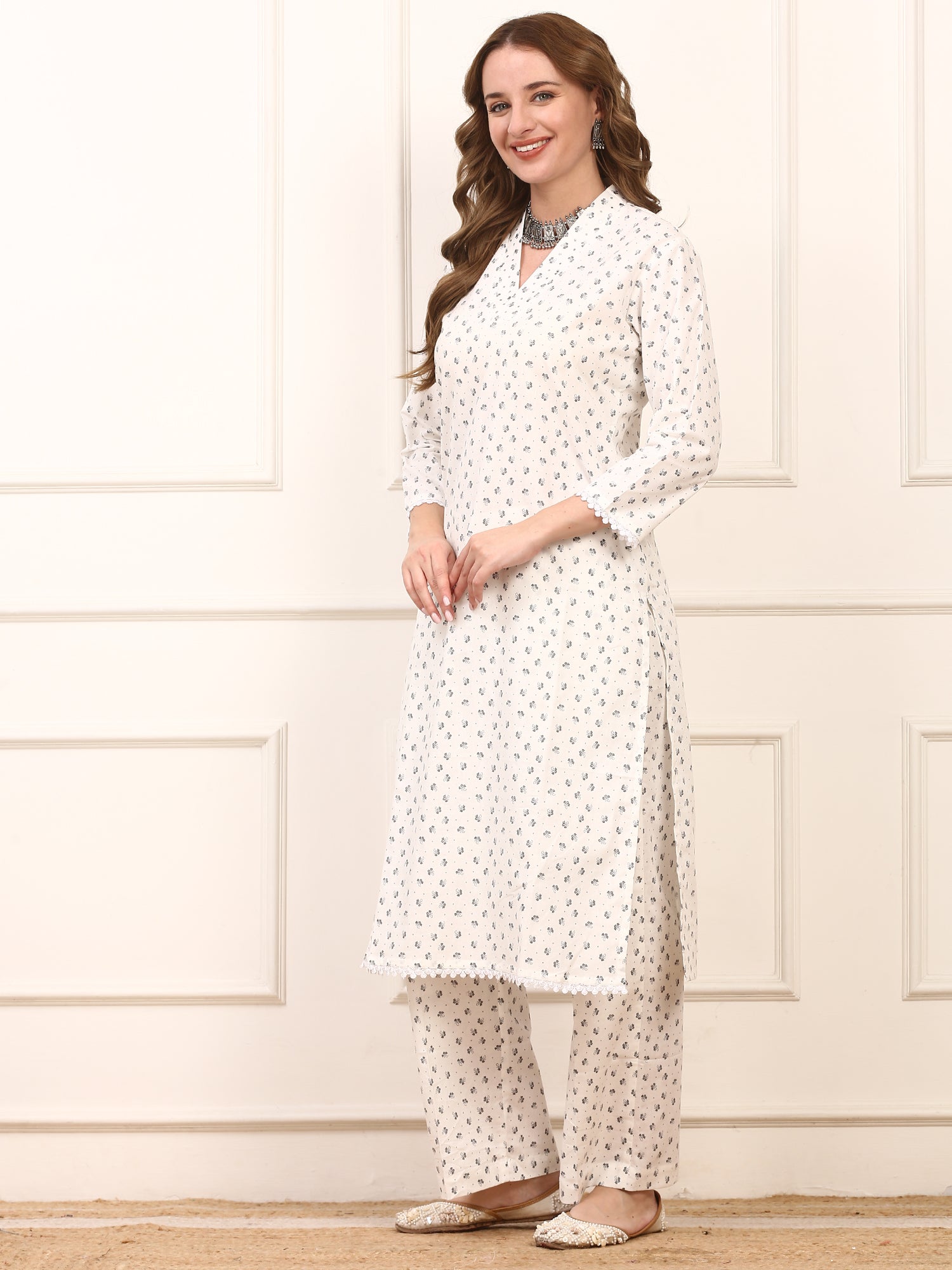 White Printed Cotton Kurta Set for Women – Soft & Elegant Daily Wear Suit with Pants