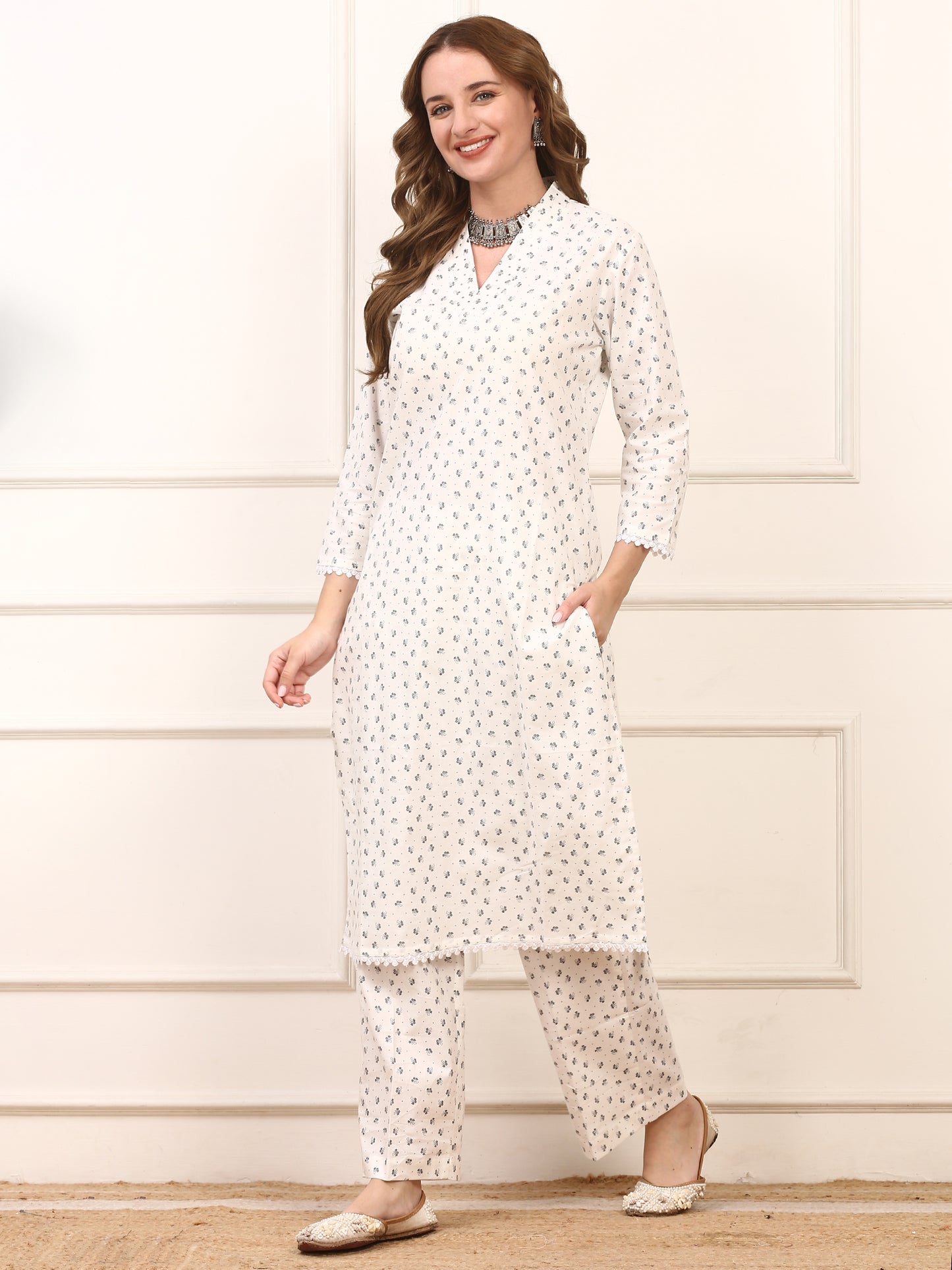 White Floral Cotton Kurta Set for Women with Matching Pants