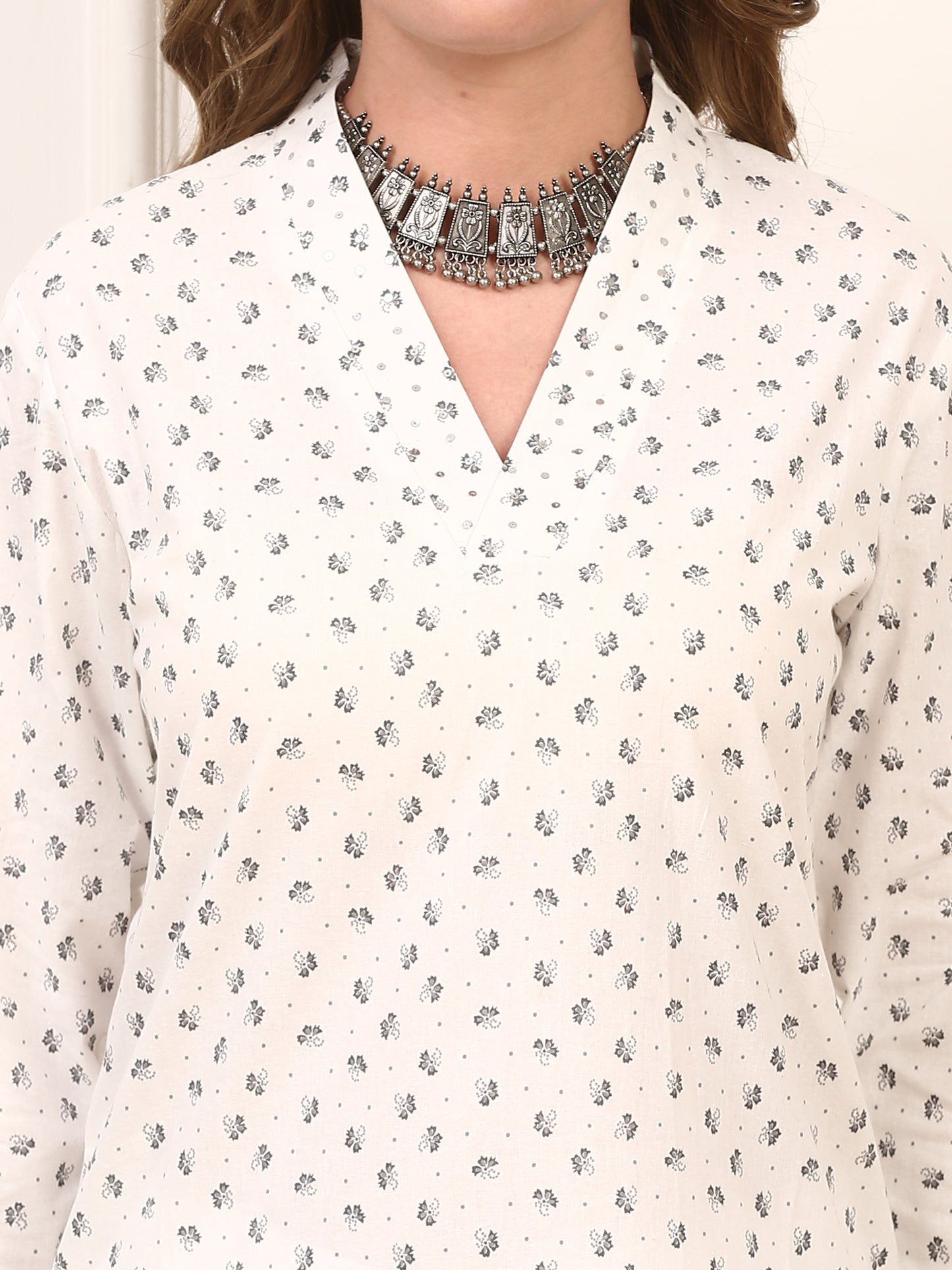 White Floral Cotton Kurta Set for Women with Matching Pants