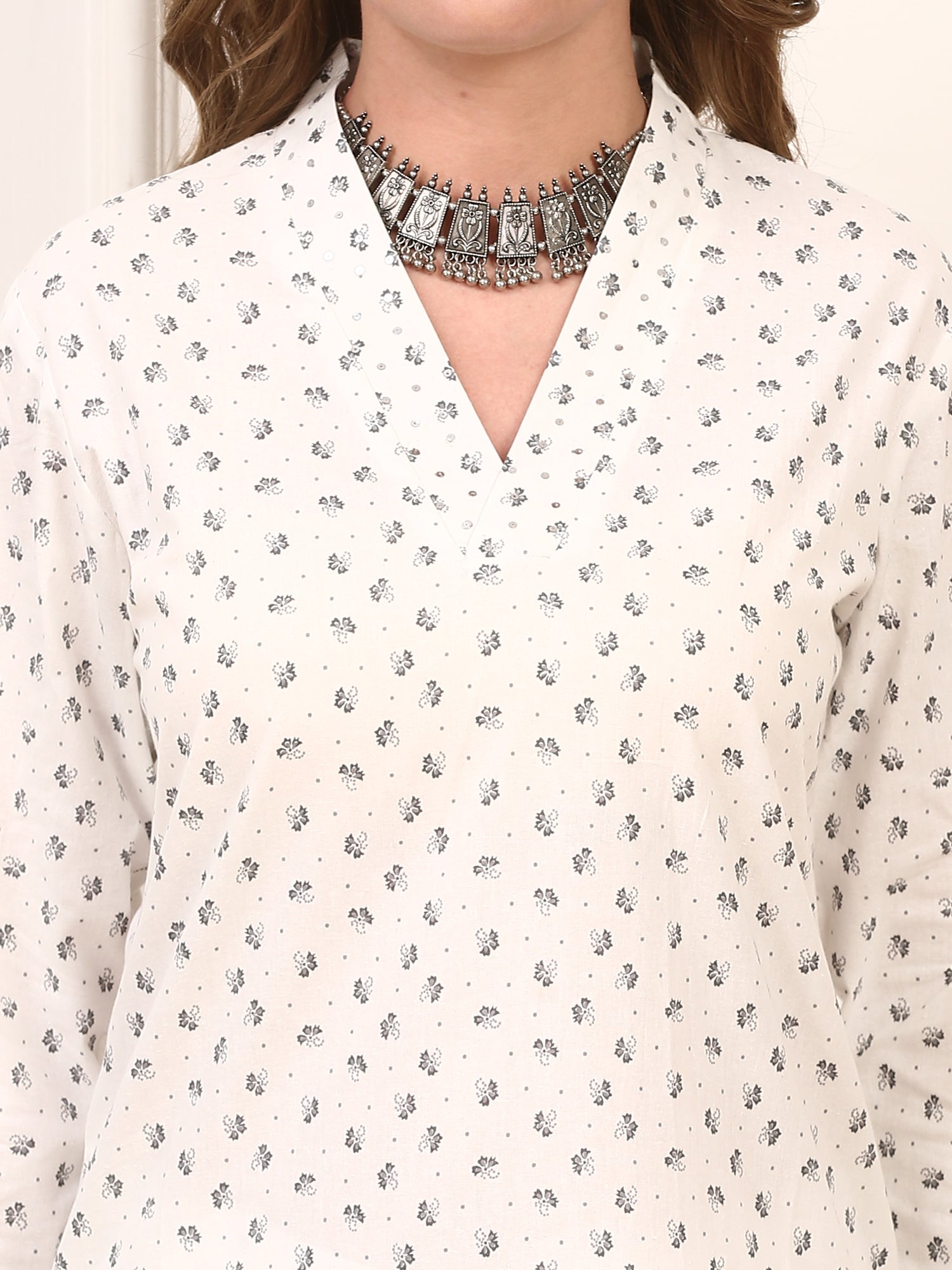 White Printed Cotton Kurta Set for Women – Soft & Elegant Daily Wear Suit with Pants