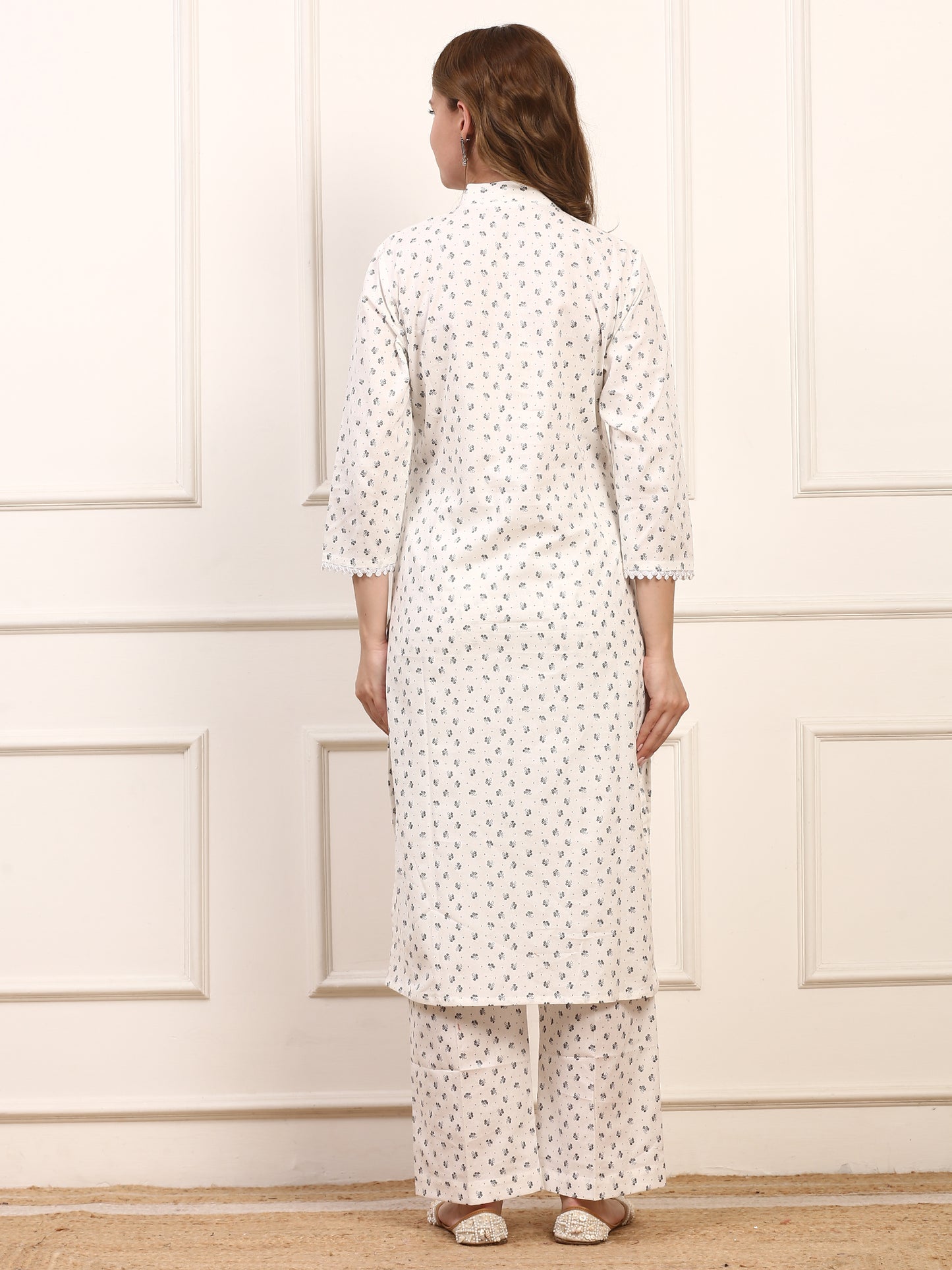White Floral Cotton Kurta Set for Women with Matching Pants