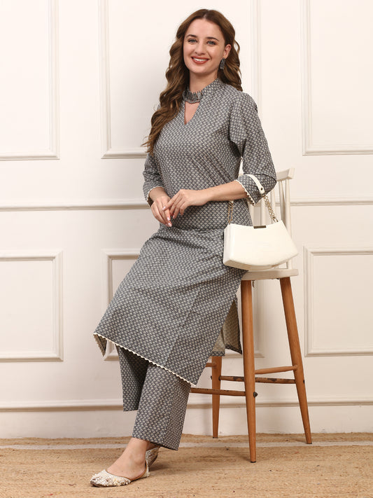 Grey Printed Cotton Kurta Set - Elegant Daily Casual Wear Suit with Matching Pants