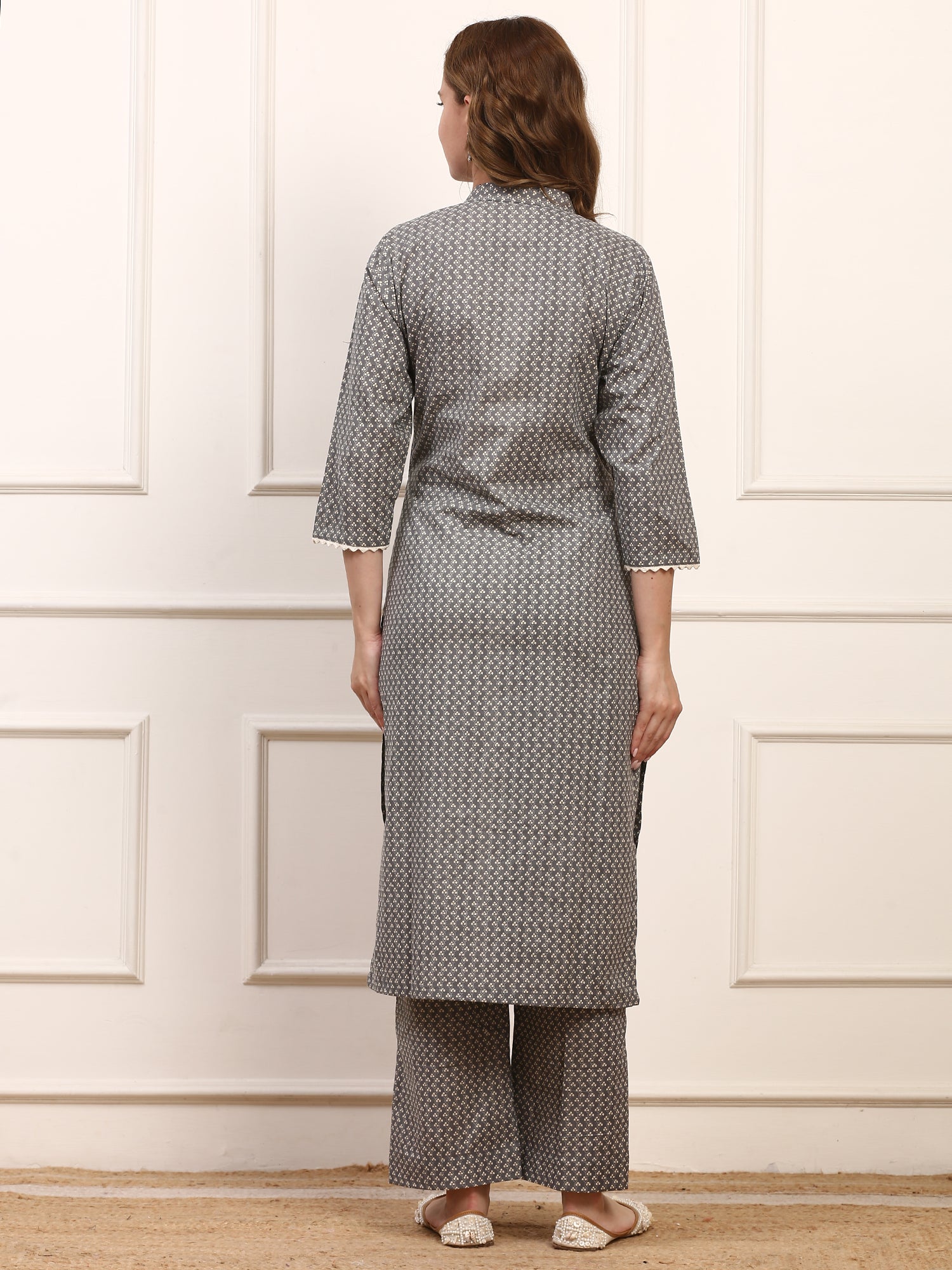 Grey Printed Cotton Kurta Set for Women – Elegant Daily Wear Suit with Pants