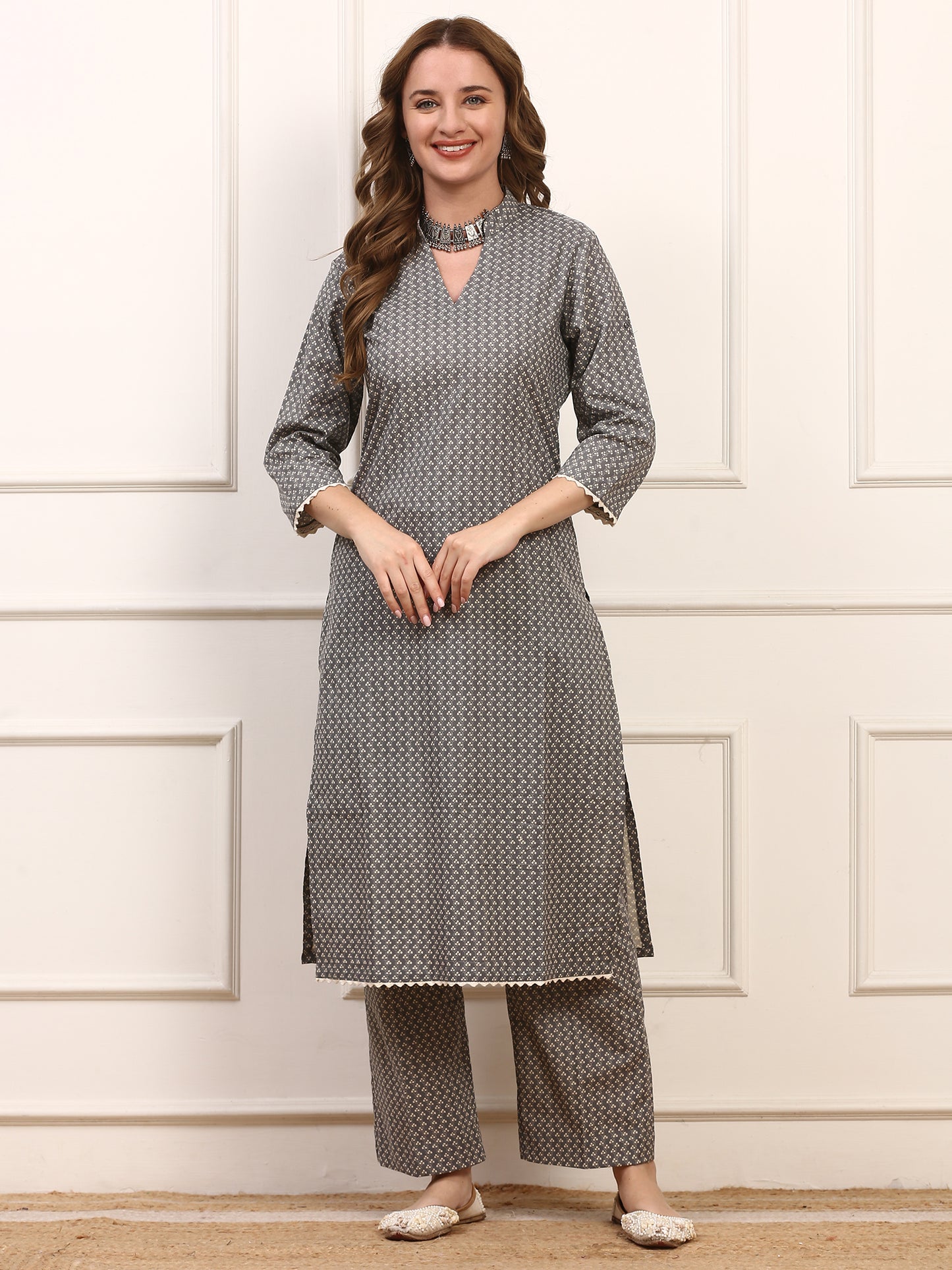 Grey Printed Cotton Kurta Set - Elegant Daily Casual Wear Suit with Matching Pants