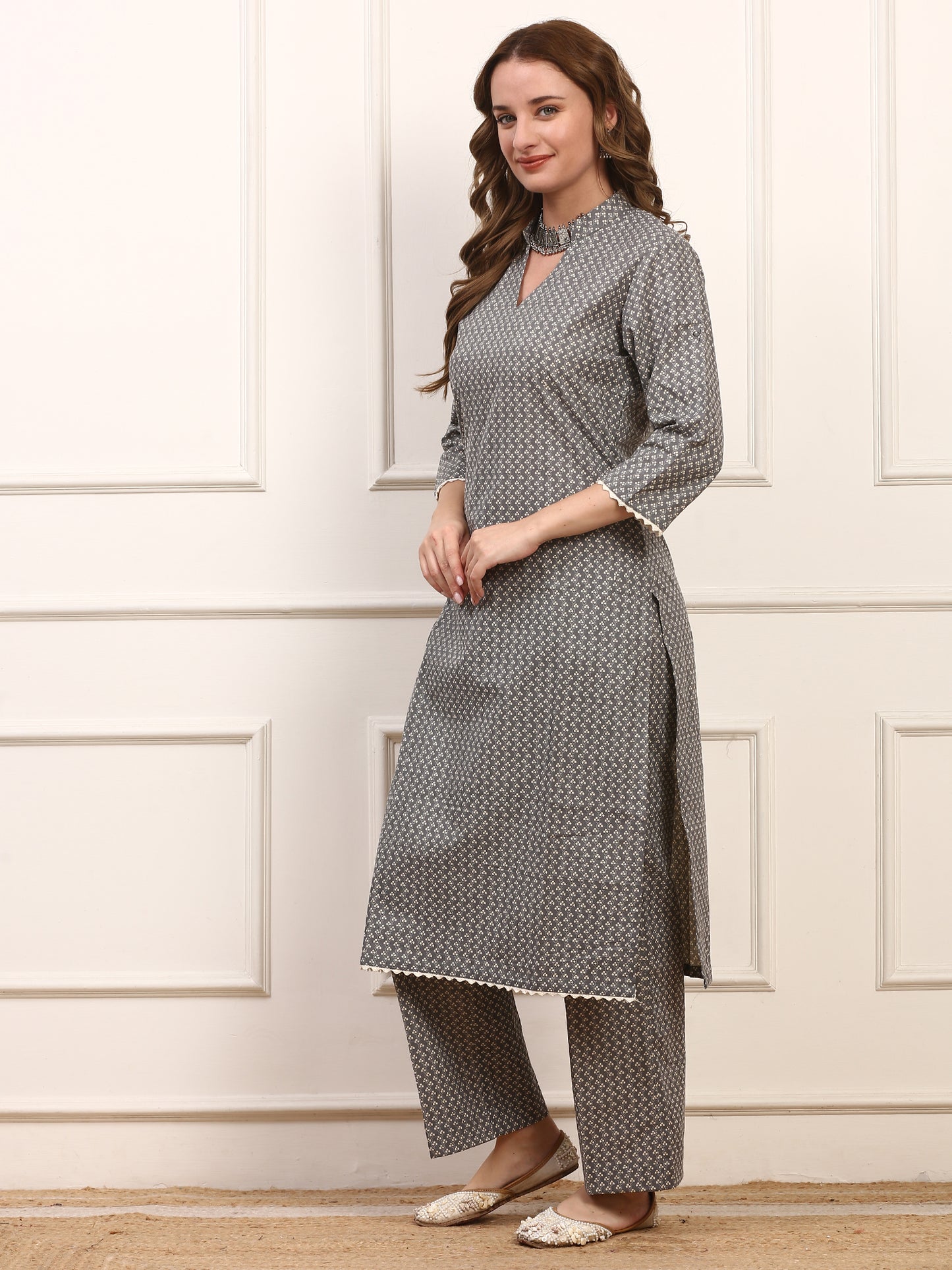 Grey Printed Cotton Kurta Set - Elegant Daily Casual Wear Suit with Matching Pants