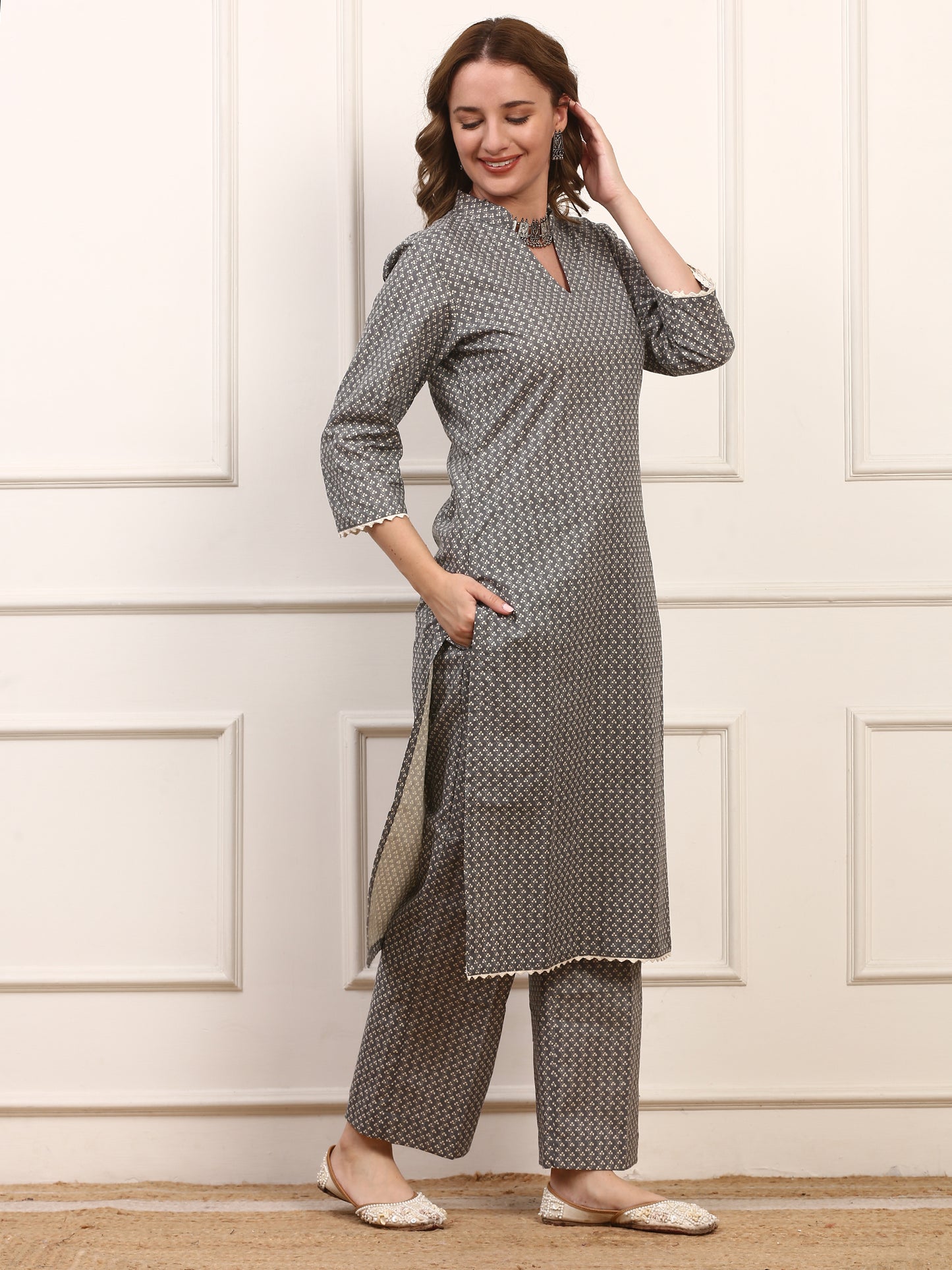 Grey Printed Cotton Kurta Set - Elegant Daily Casual Wear Suit with Matching Pants