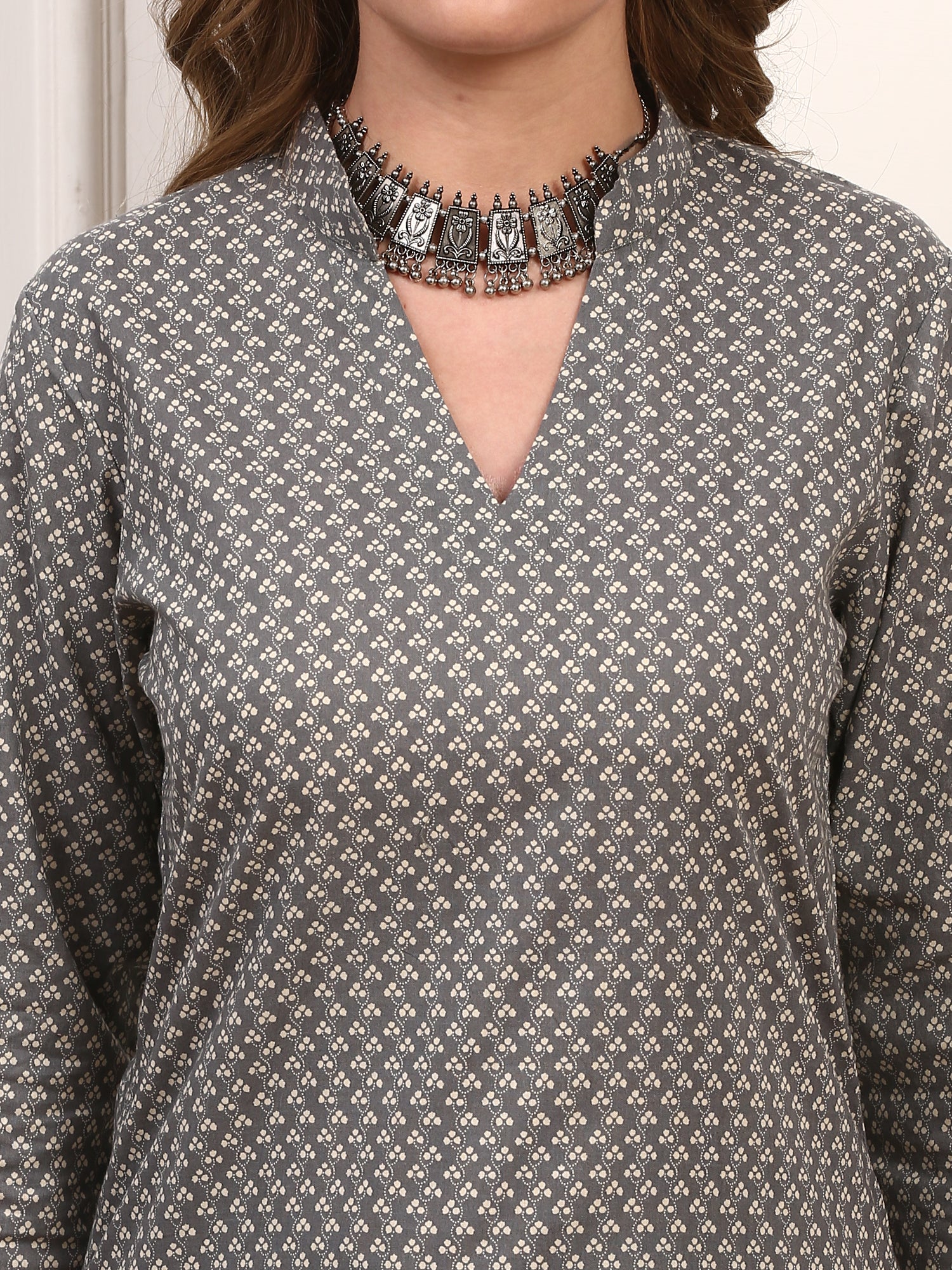 Grey Printed Cotton Kurta Set for Women – Elegant Daily Wear Suit with Pants