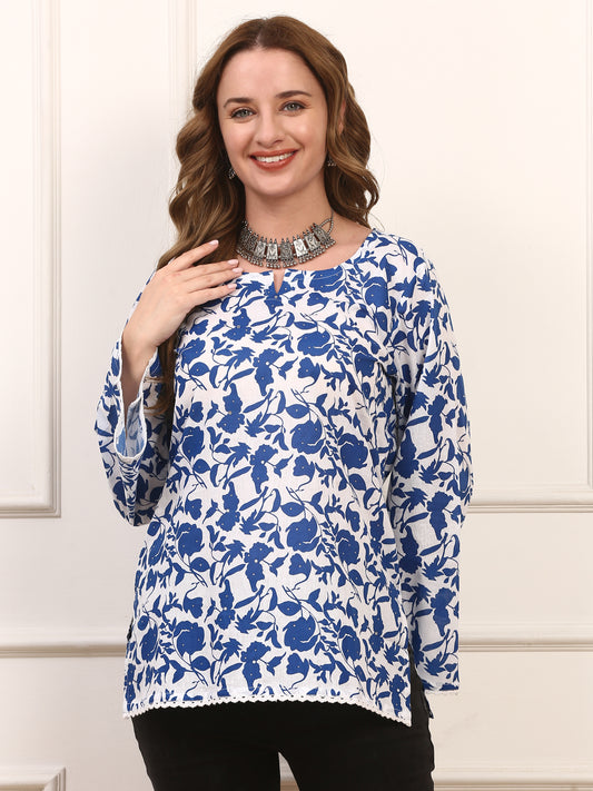 Blue Floral Cotton Kurti - Elegant Office and Casual Wear for Women