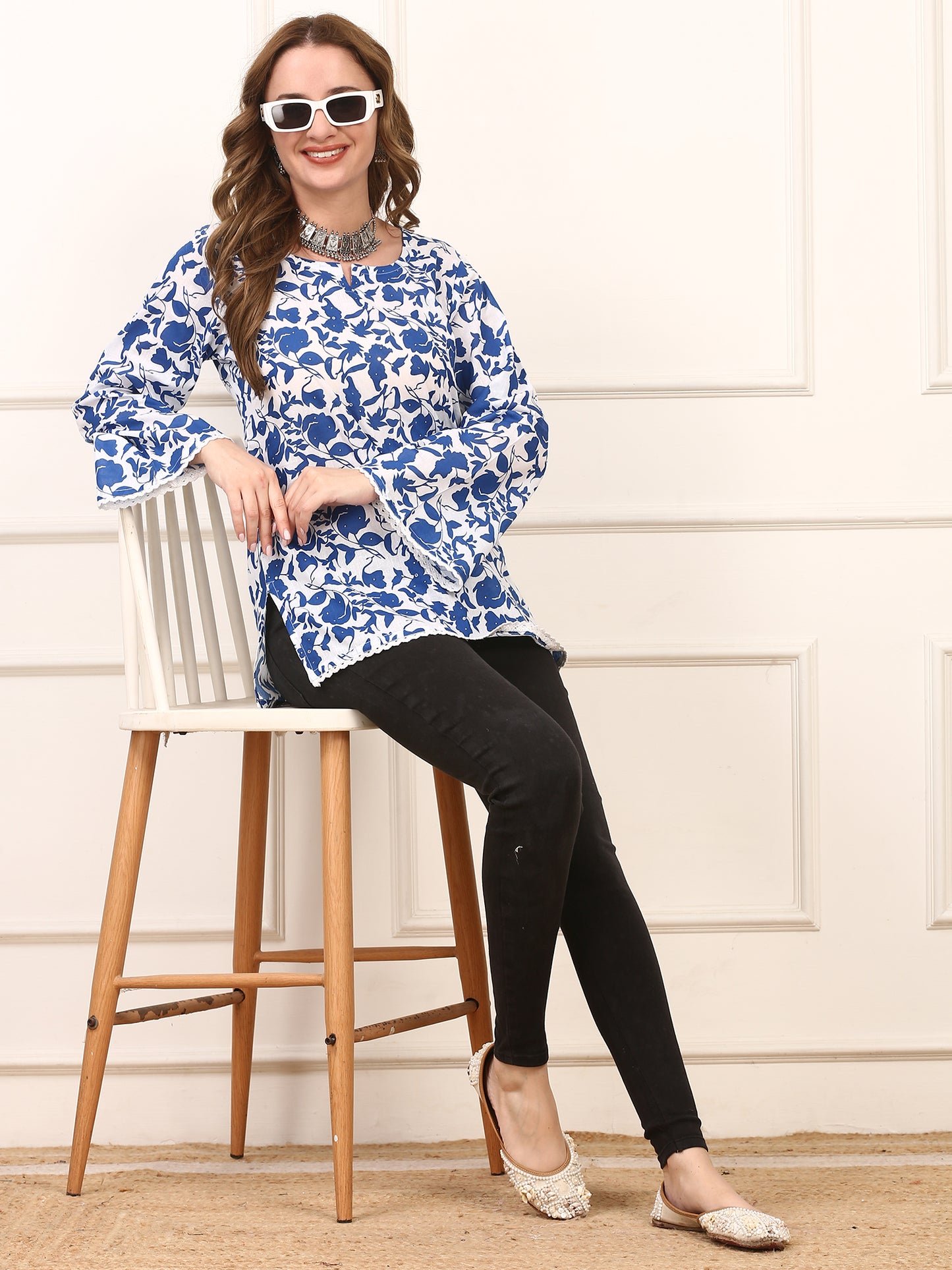 Blue Floral Cotton Kurti - Elegant Office and Casual Wear for Women