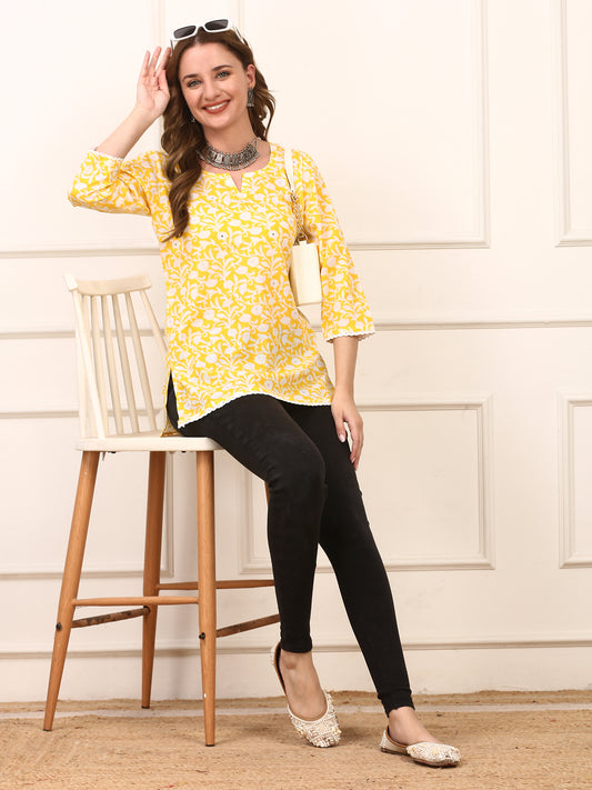 Yellow Floral Cotton Kurti - Comfortable Everyday Casual Wear for Women