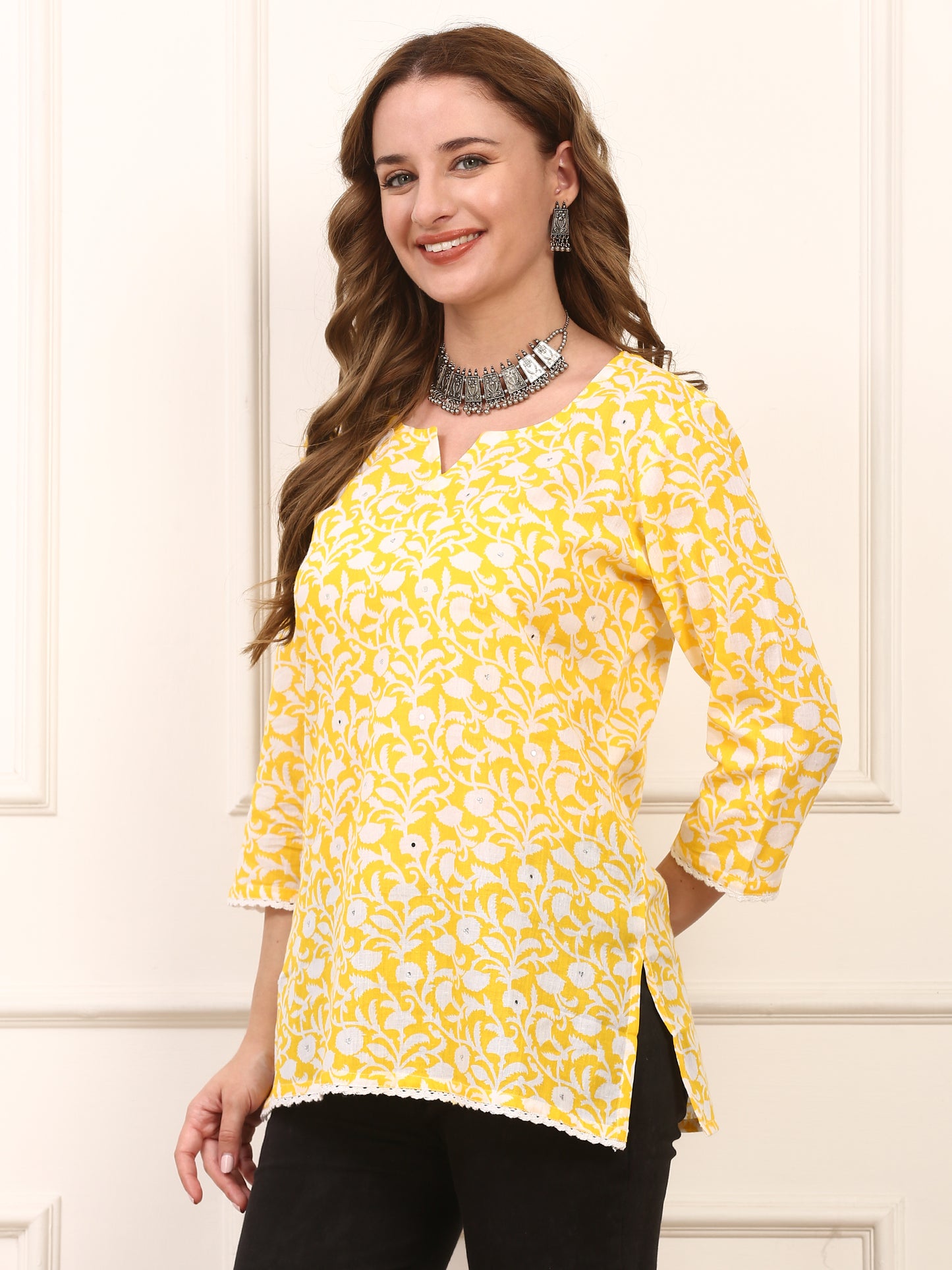 Yellow Floral Cotton Kurti - Comfortable Everyday Casual Wear for Women