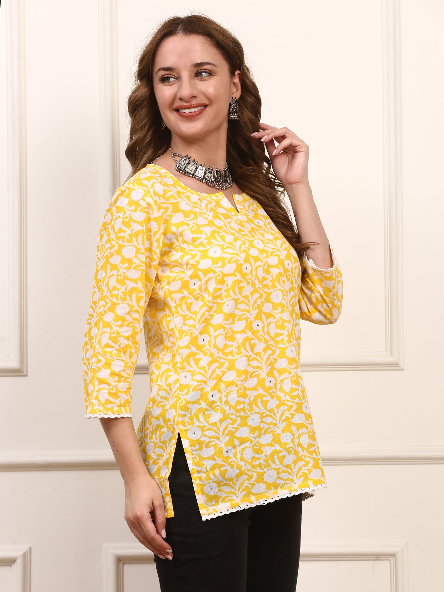 Yellow Floral Cotton Kurti - Comfortable Everyday Casual Wear for Women