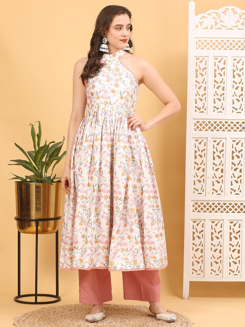 Floral Satin Silk Halter Neck Anarkali Kurta Set
