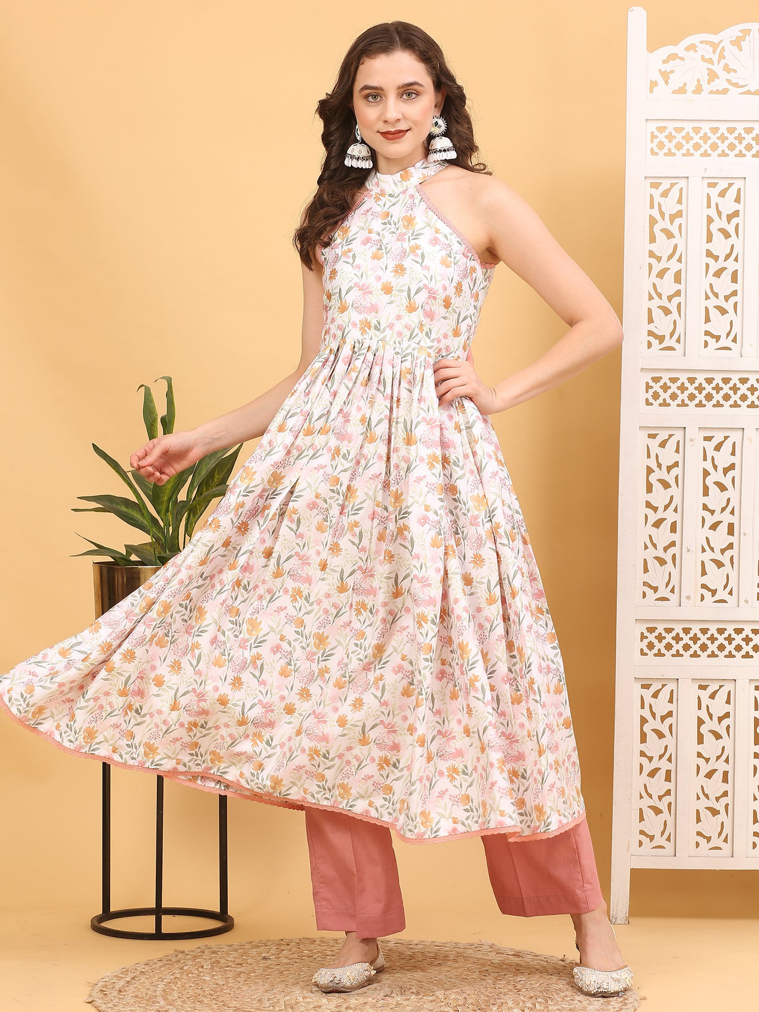 Floral Satin Silk Halter Neck Anarkali Kurta Set