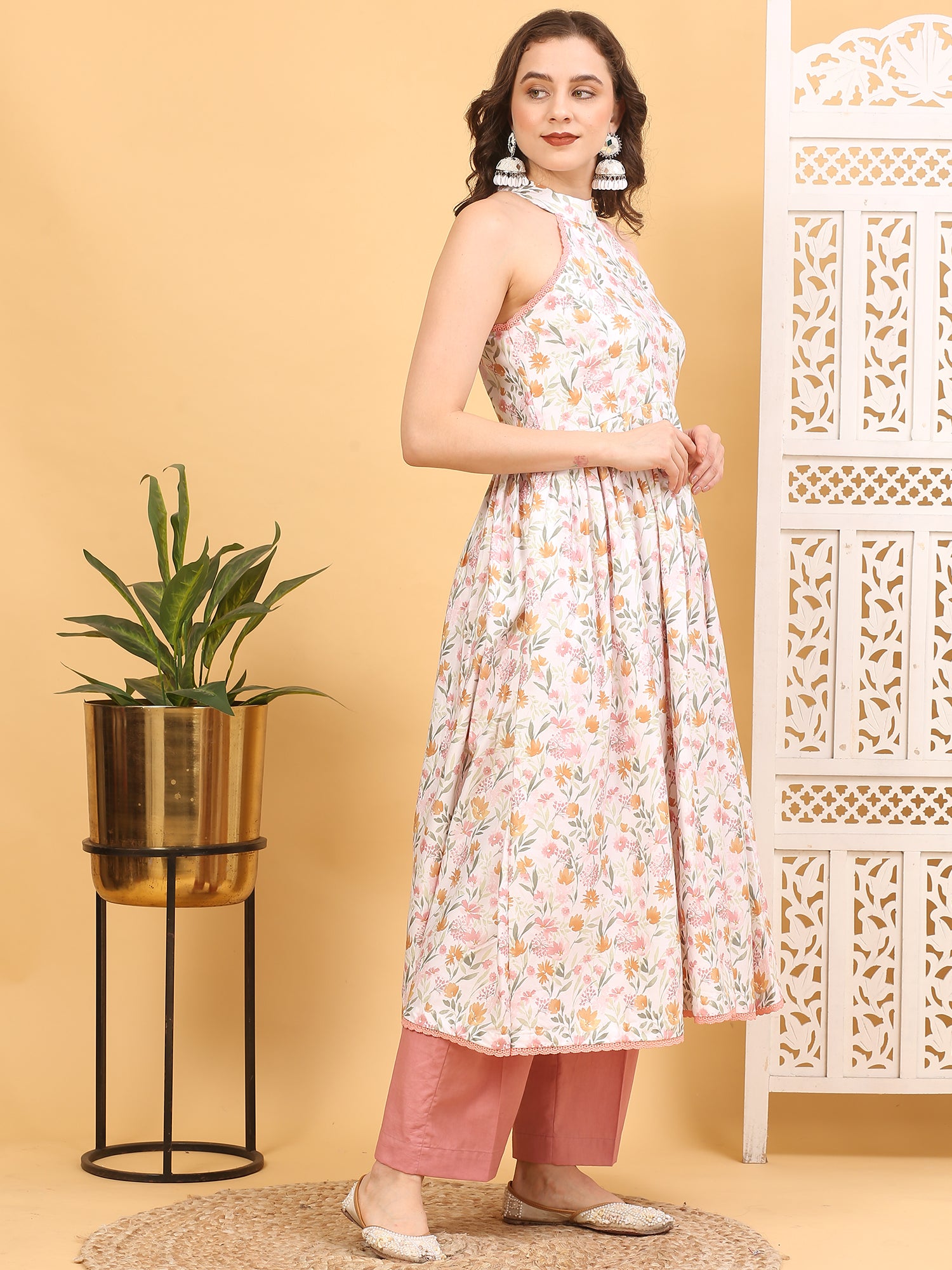 Floral Satin Silk Halter Neck Anarkali Kurta Set