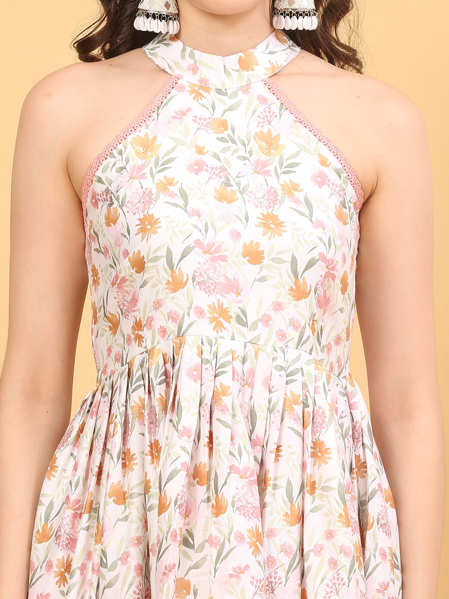 Floral Satin Silk Halter Neck Anarkali Kurta Set