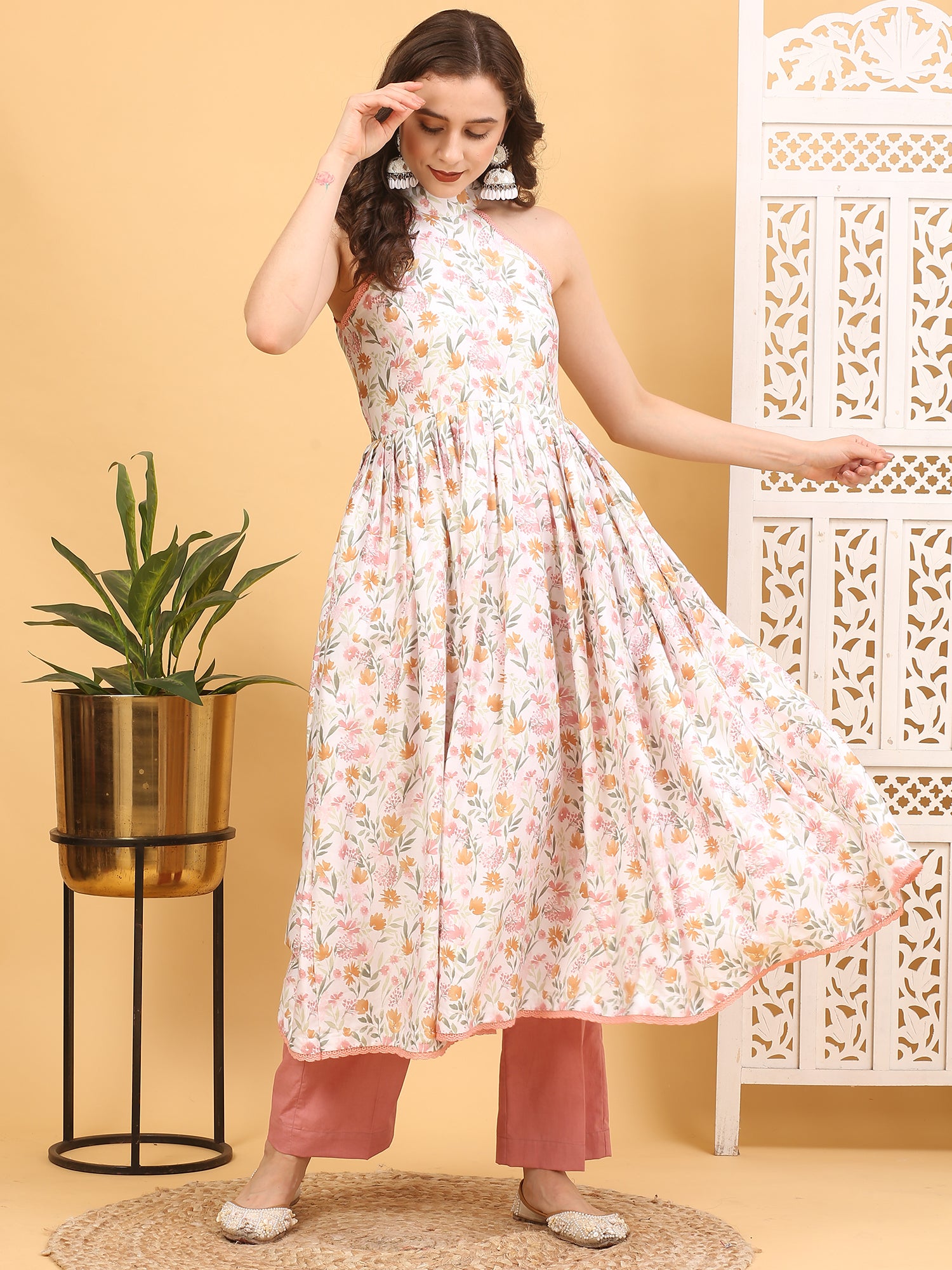 Floral Satin Silk Halter Neck Anarkali Kurta Set