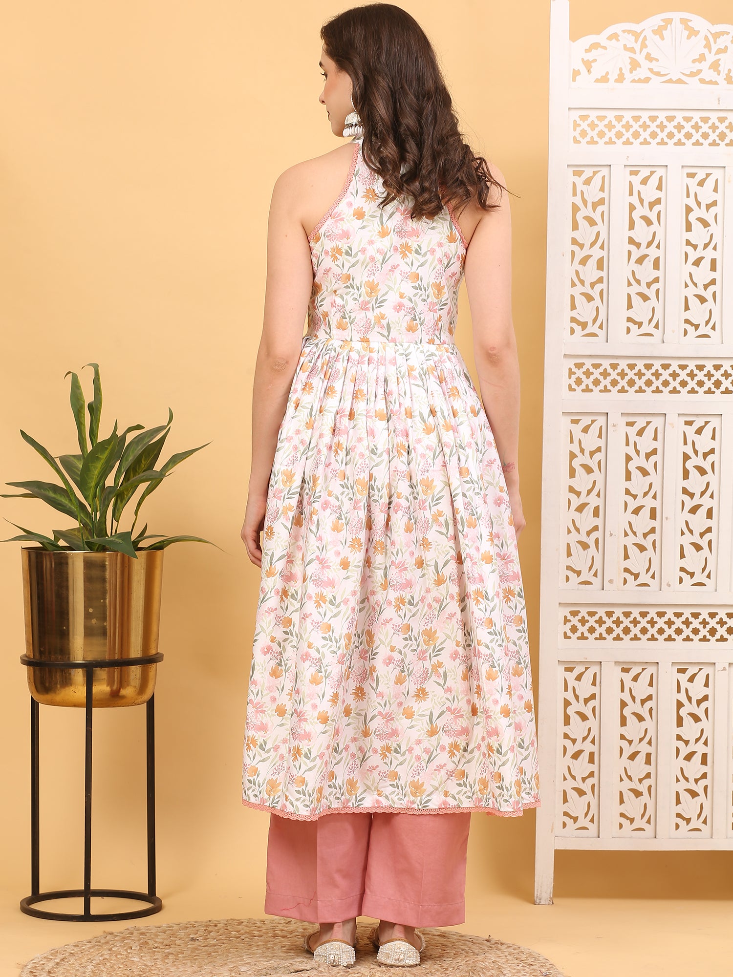 Floral Satin Silk Halter Neck Anarkali Kurta Set