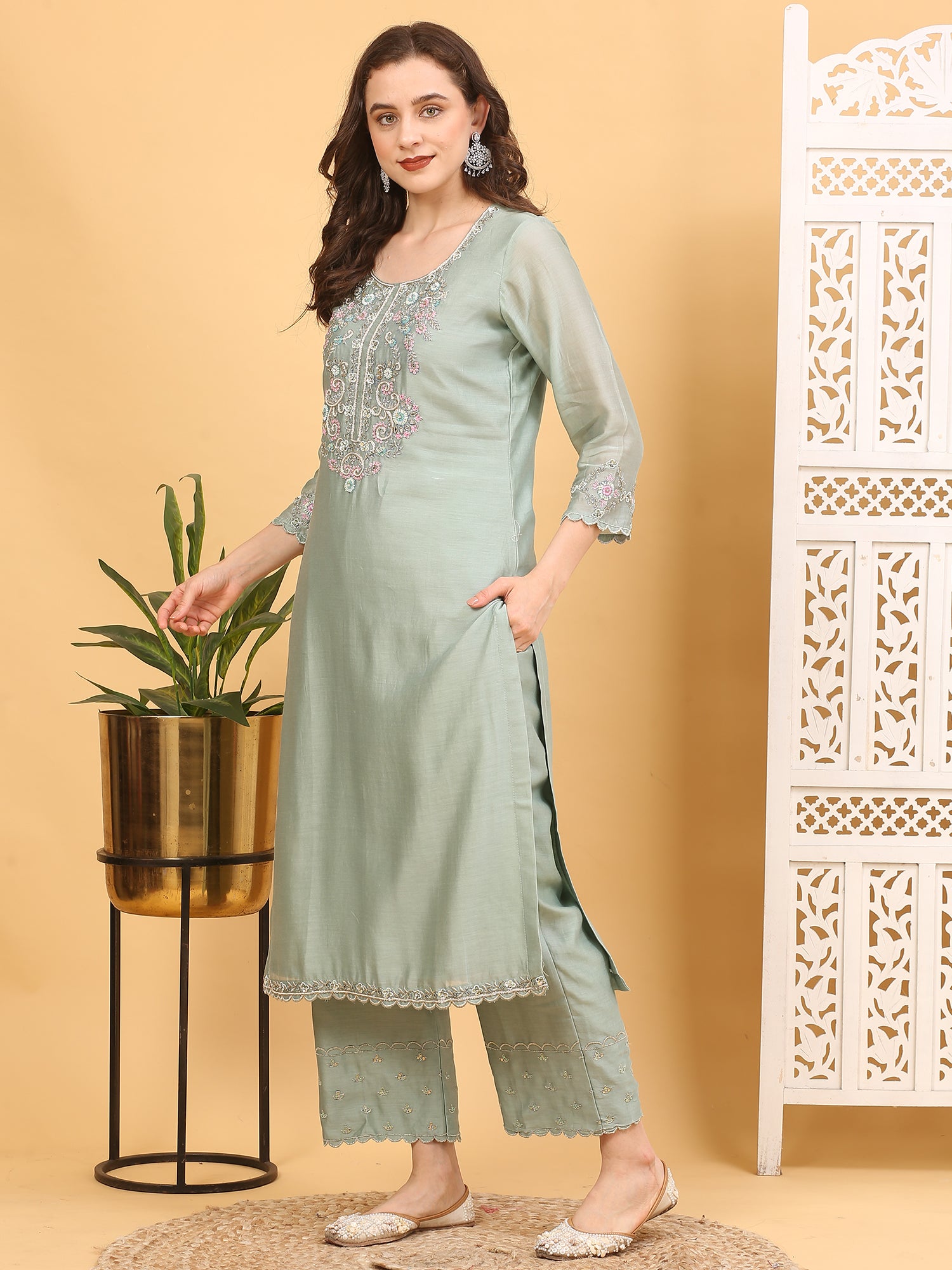 3-Piece Chanderi Silk Stitched Suit