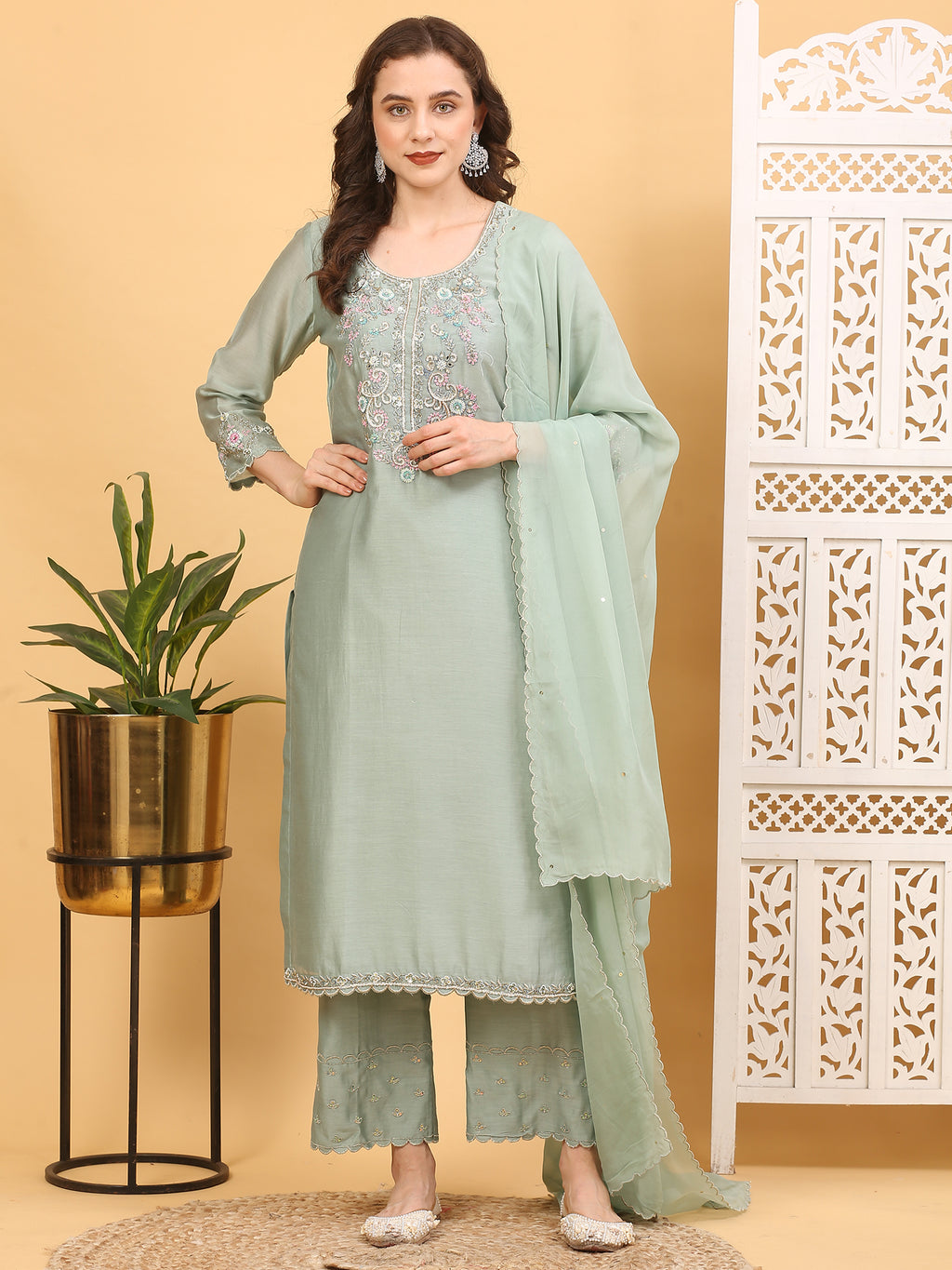 3-Piece Chanderi Silk Stitched Suit