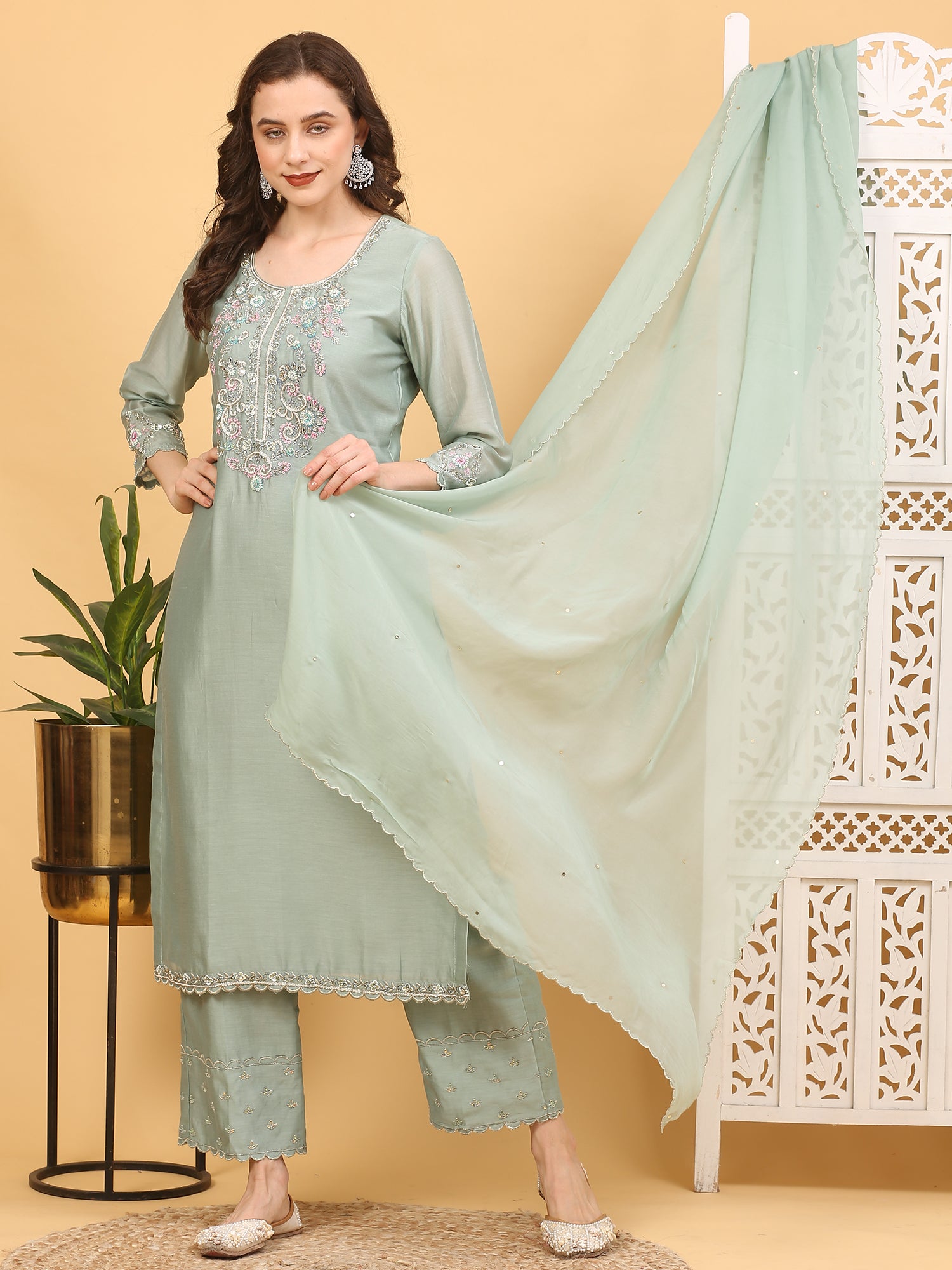 3-Piece Chanderi Silk Stitched Suit