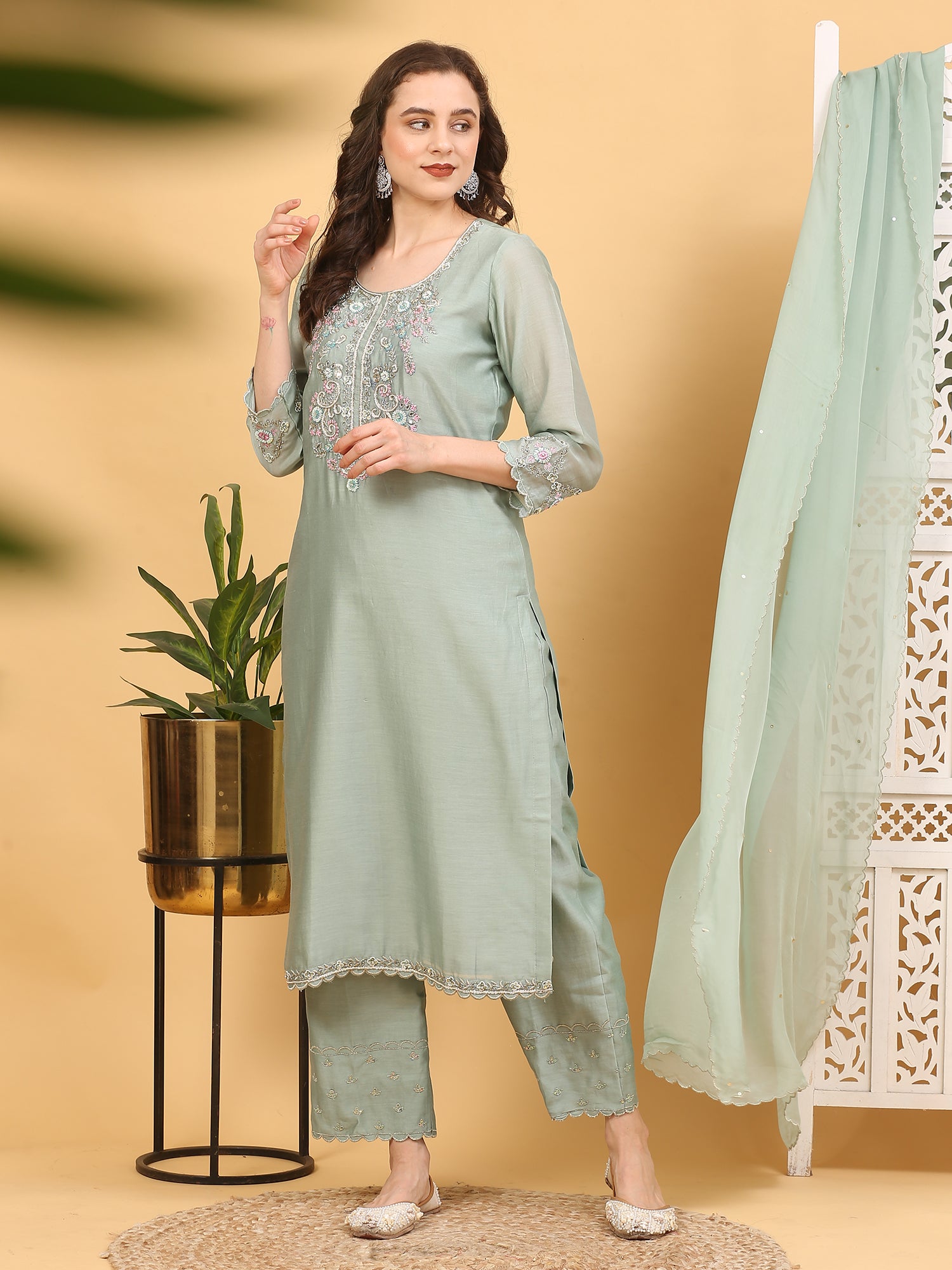 3-Piece Chanderi Silk Stitched Suit