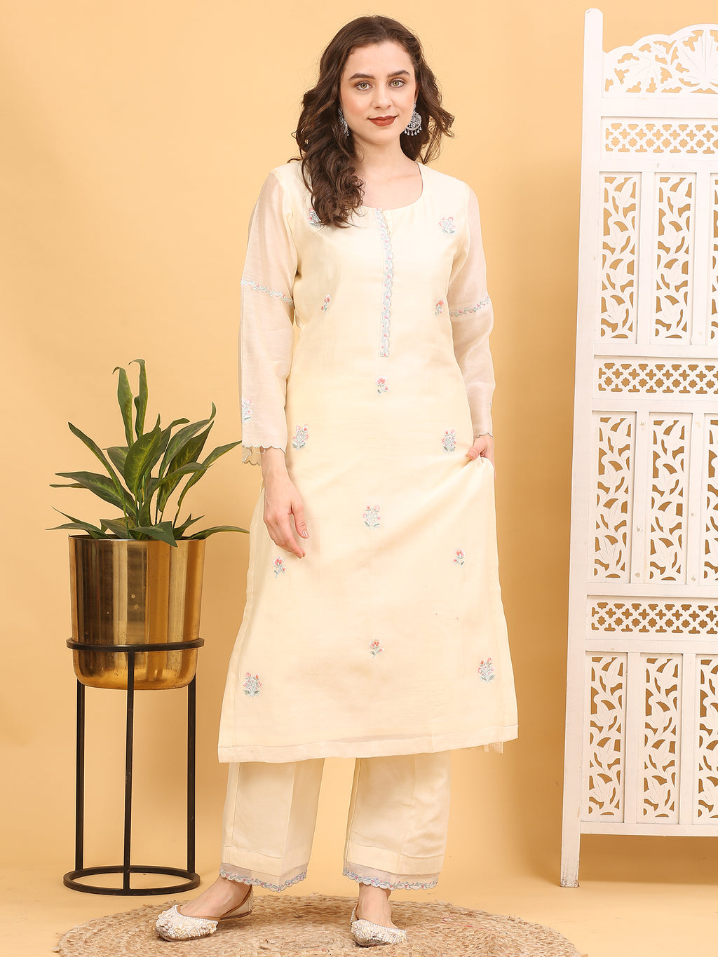 Cream Chanderi Silk Stitched Suit