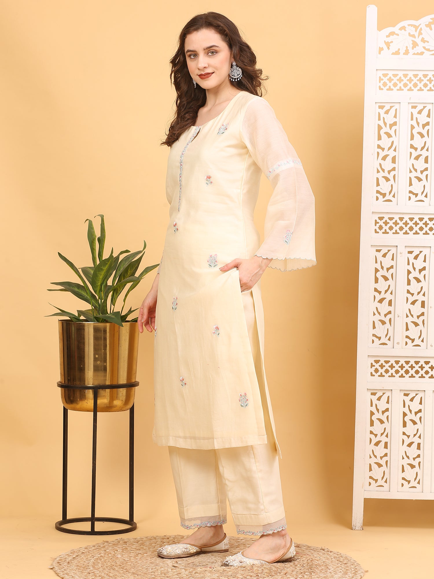 Cream Chanderi Silk Stitched Suit