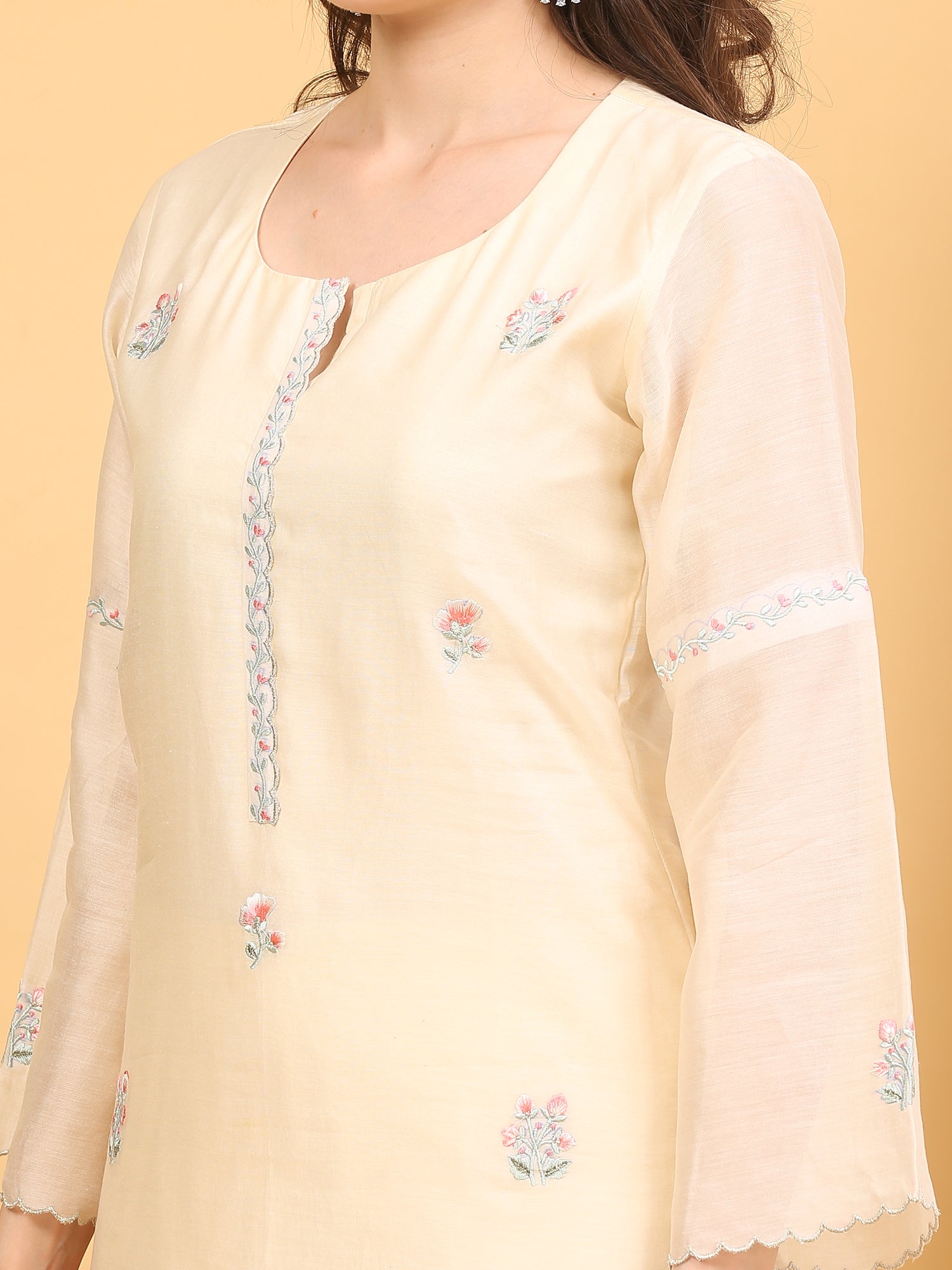 Cream Chanderi Silk Stitched Suit