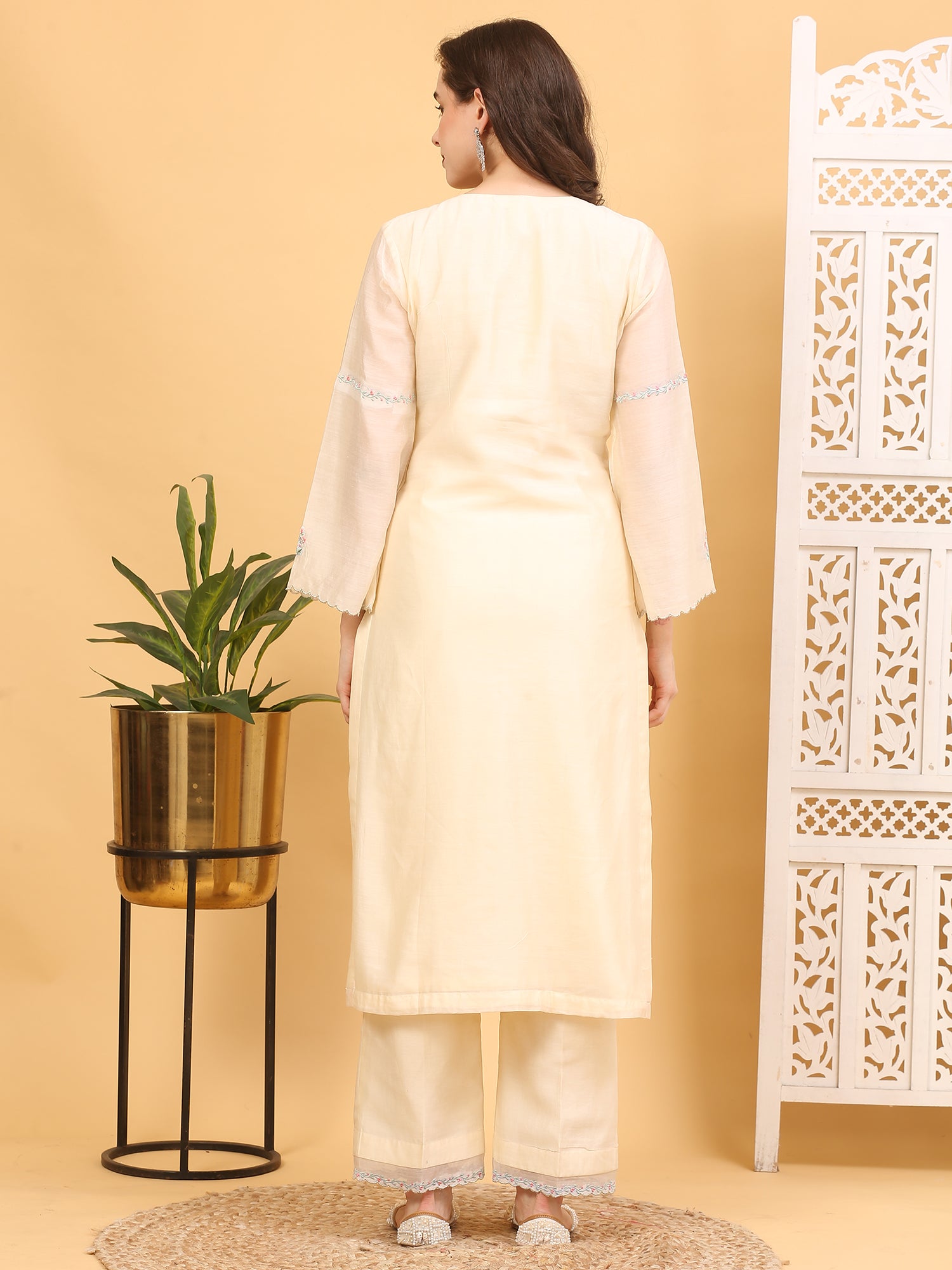 Cream Chanderi Silk Stitched Suit