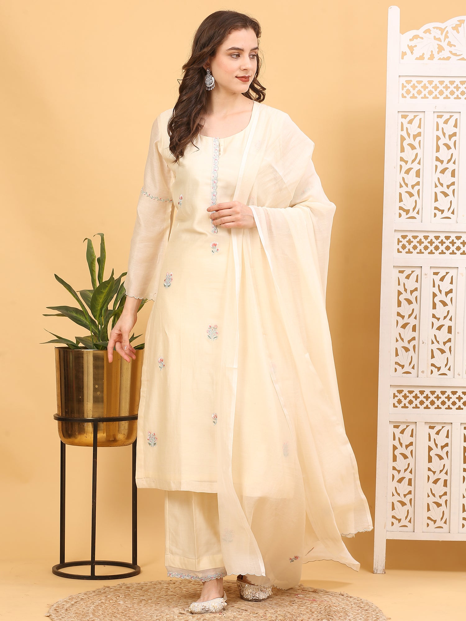 Cream Chanderi Silk Stitched Suit